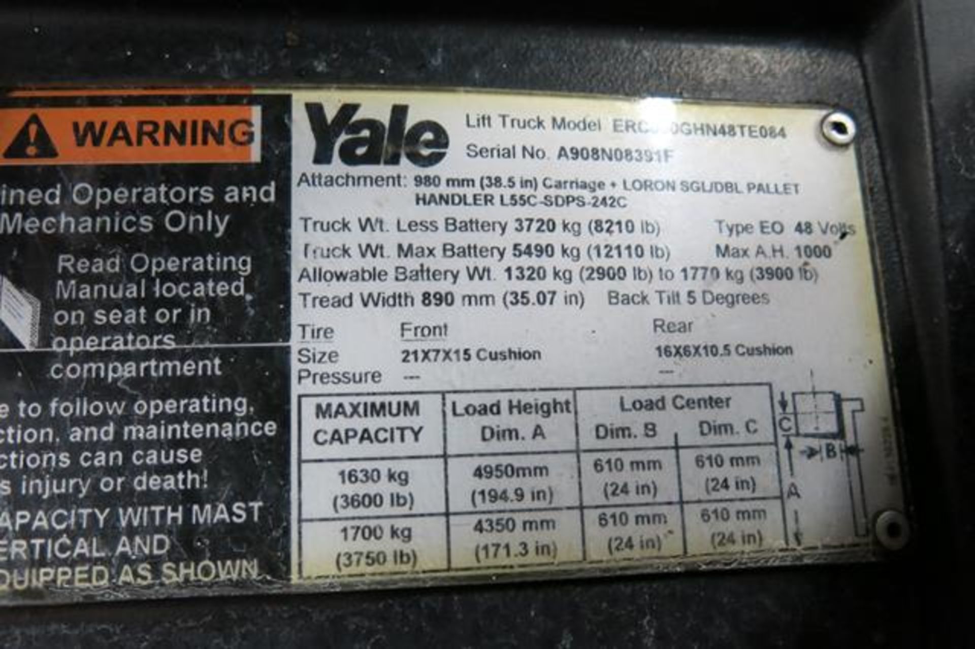 YALE, ERC050GHN48TE084, 5,000 LBS., 3 STAGE, 48V, BATTERY POWERED, FORKLIFT, SIDESHIFT, CHARGER, - Image 10 of 10