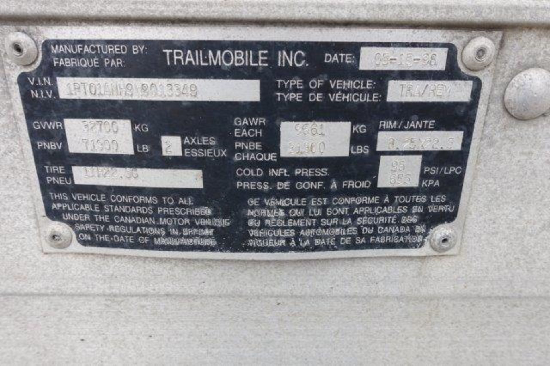 TRAILMOBILE, 53' REFRIGERATED VAN TRAILER, BARN DOORS, (NO REEFER) - Image 9 of 10