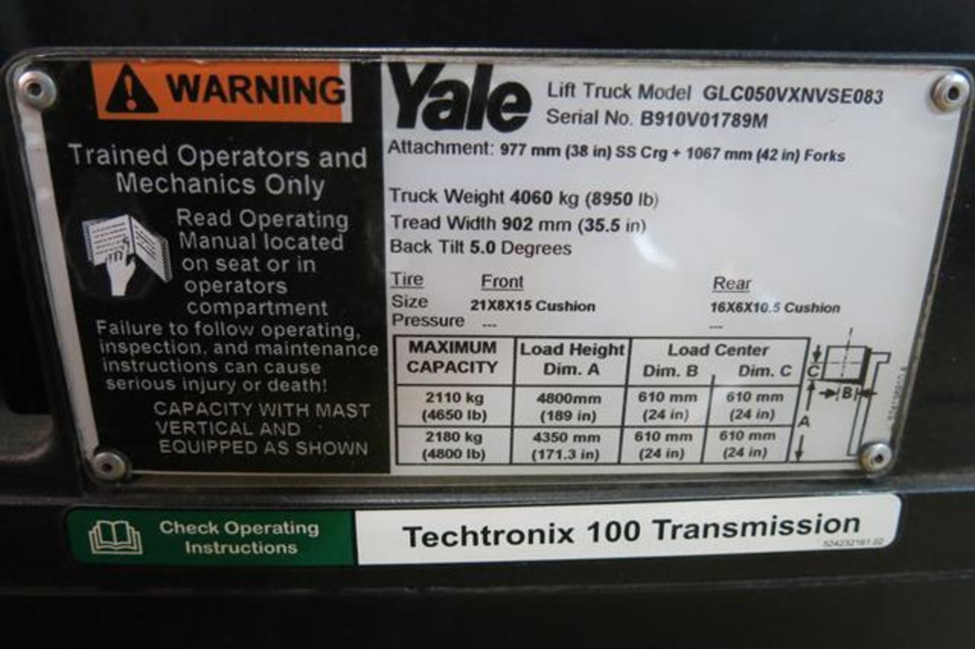 YALE, GLC050VNXVSE083, 5,000 LBS., 3 STAGE, LPG FORKLIFT WITH SIDESHIFT, 189" MAX LIFT, 13,173 HOURS - Image 14 of 14