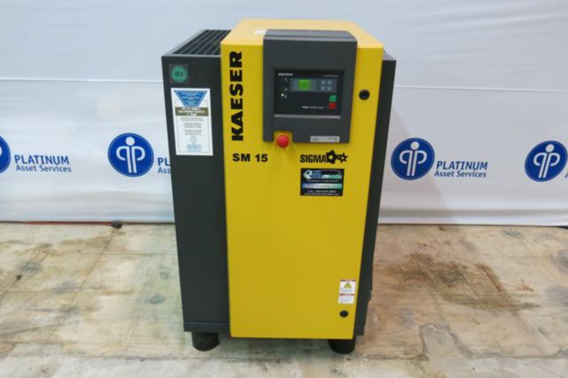 KAESER, SM 15, 15 HP, 53 CFM, ROTARY SCREW AIR COMPRESSOR, 10,607 HOURS, 2014, S/N 1014