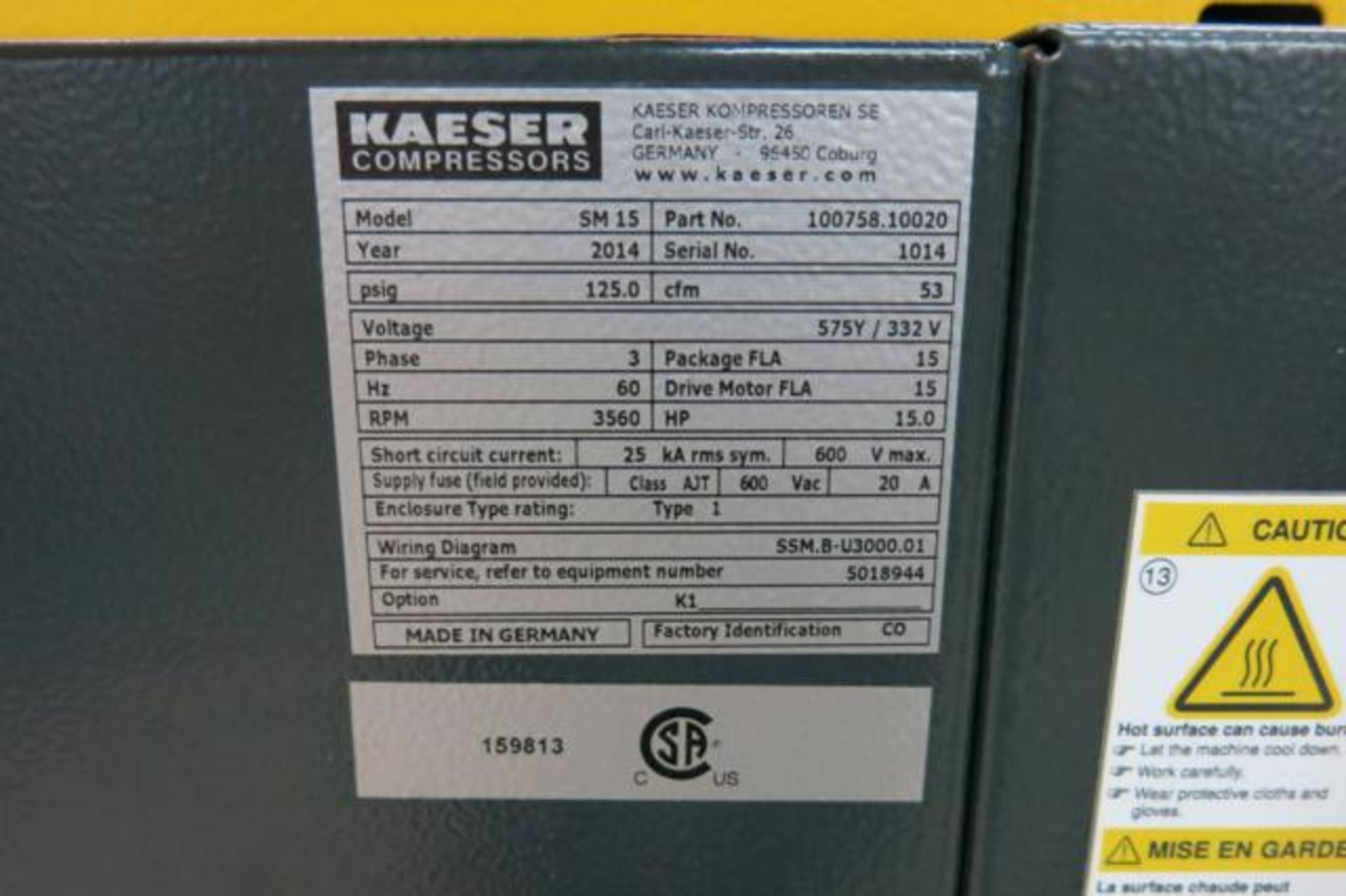 KAESER, SM 15, 15 HP, 53 CFM, ROTARY SCREW AIR COMPRESSOR, 10,607 HOURS, 2014, S/N 1014 - Image 9 of 9