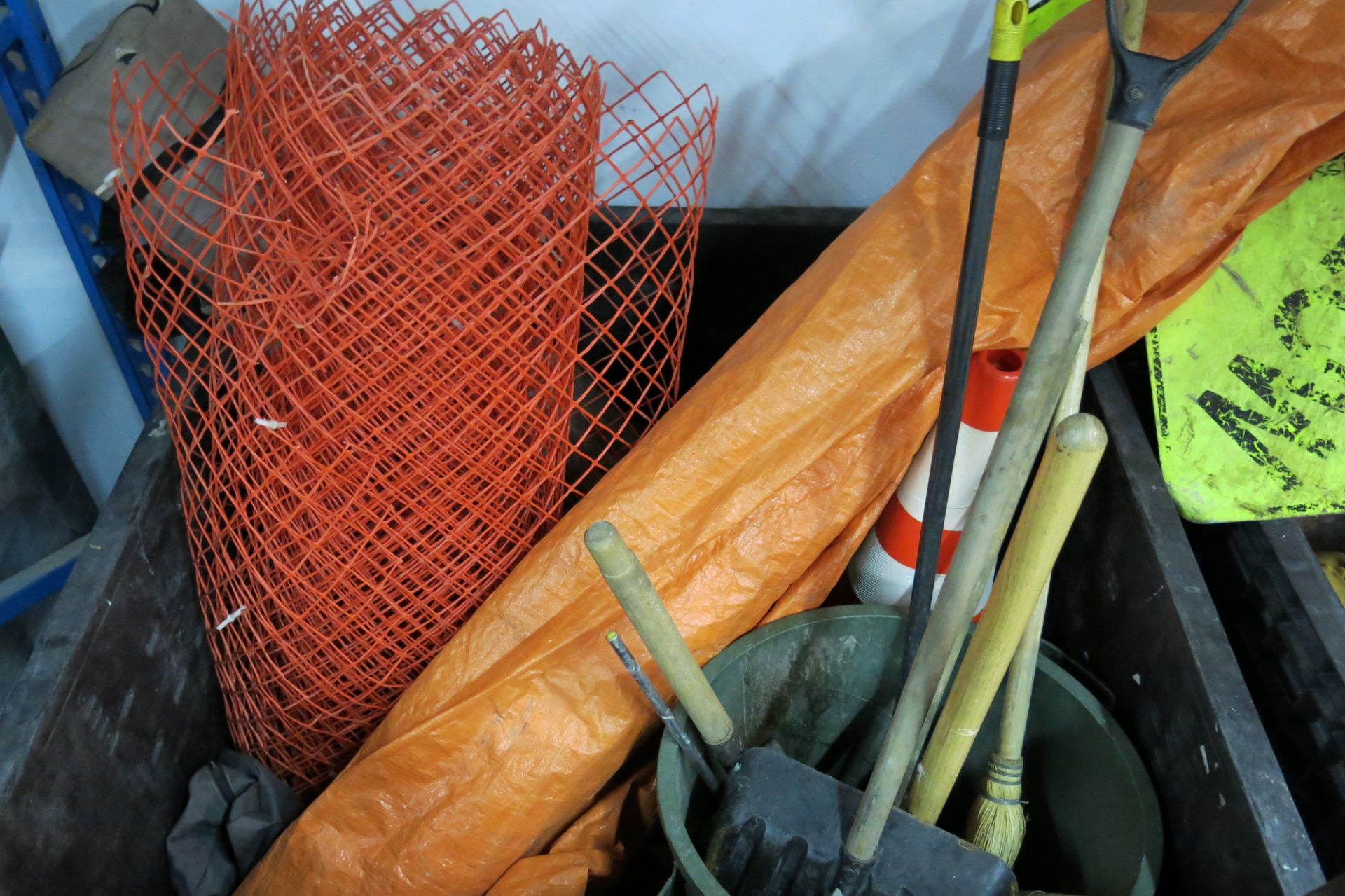 LOT OF ORANGE GUARDING, BROOMS, SHOVELS, CONES, ETC. (BIN NOT INCLUDED) (LOCATED IN SCARBOROUGH) - Image 3 of 3