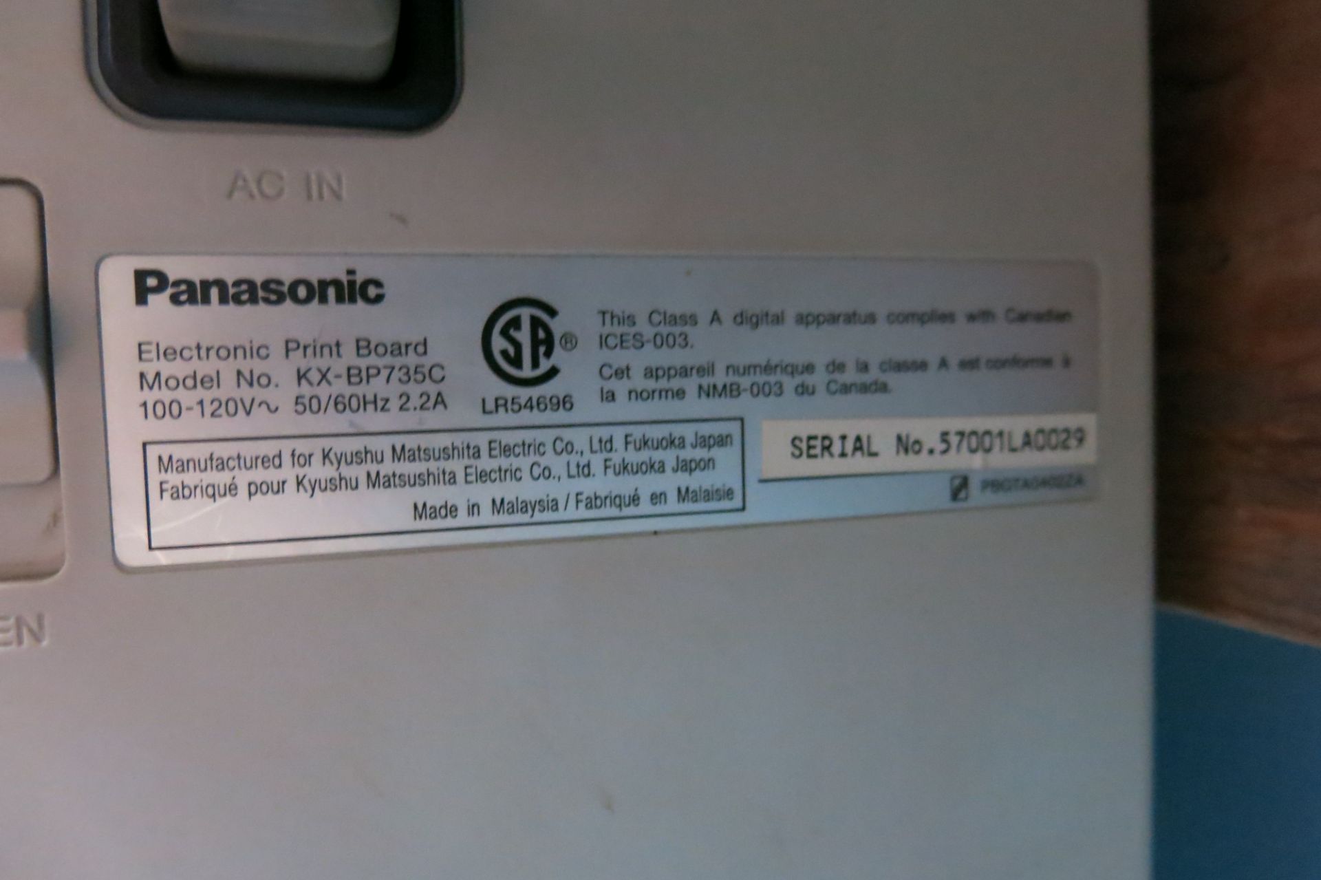 PANASONIC, KX-BP735C, ELECTRONIC PRINT BOARD, S/N 57001LA0029 (LOCATED IN MISSISSAUGA) - Image 3 of 3