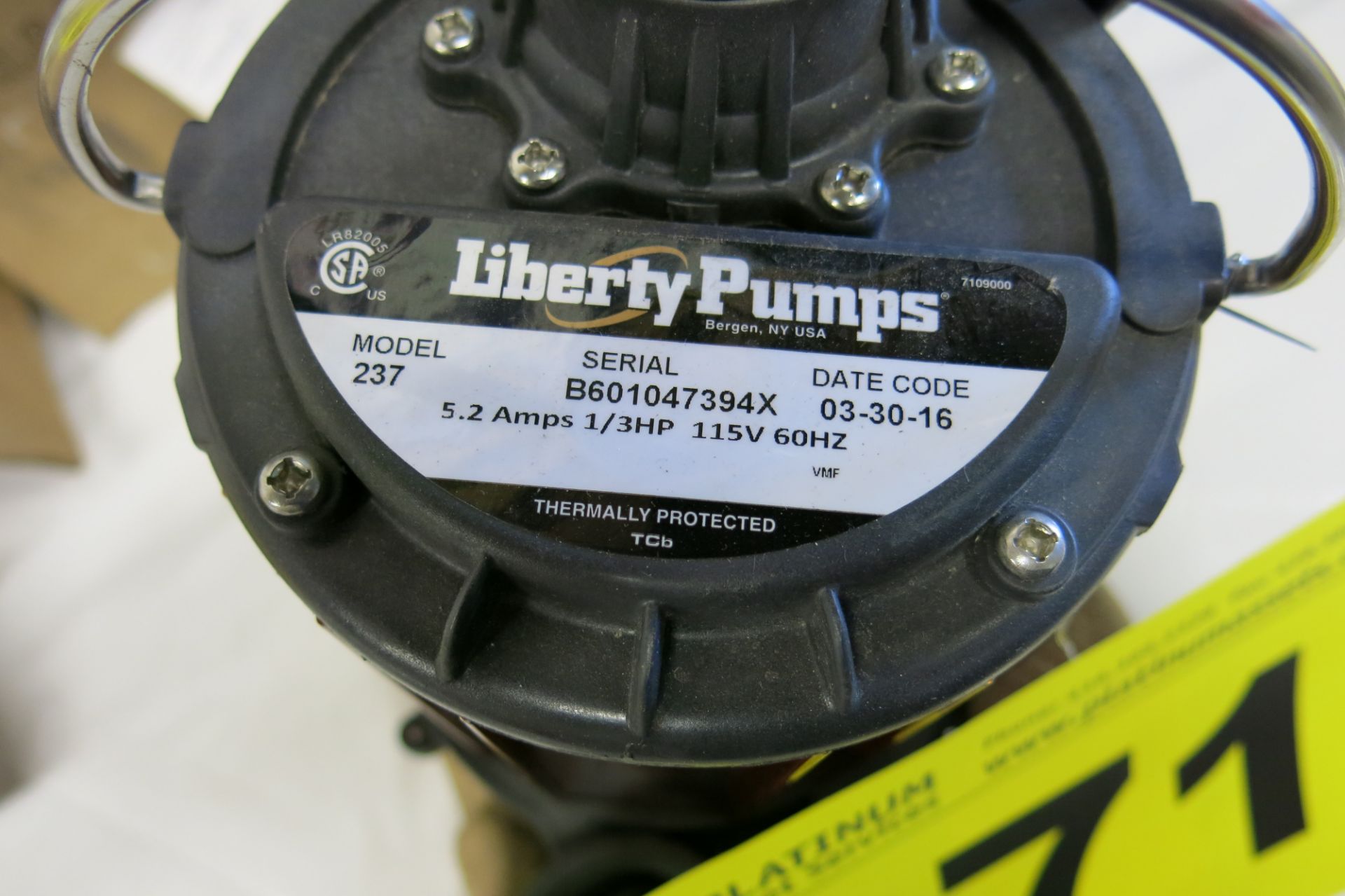 LIBERTY PUMPS, 237, 1/2 HP, SUMP PUMP, 2016, S/N B601047394X -NEW (LOCATED IN MISSISSAUGA) - Image 2 of 3