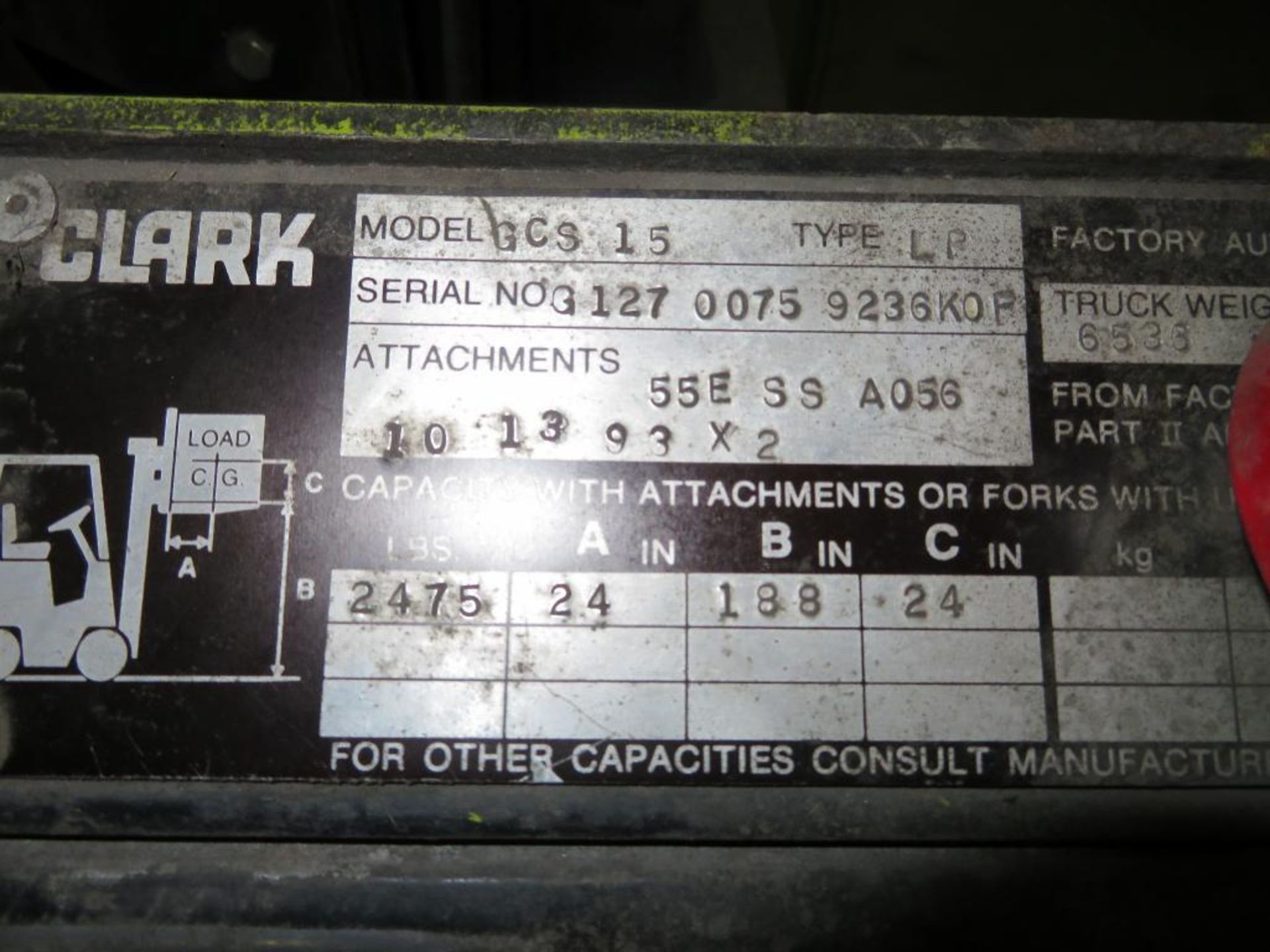 Clark LP Fork Lift, Model GCS 15, S/N G12000759238 KOP, 2475 Capacity, 3 Mast, 188 in. Reach, Side S - Image 6 of 6