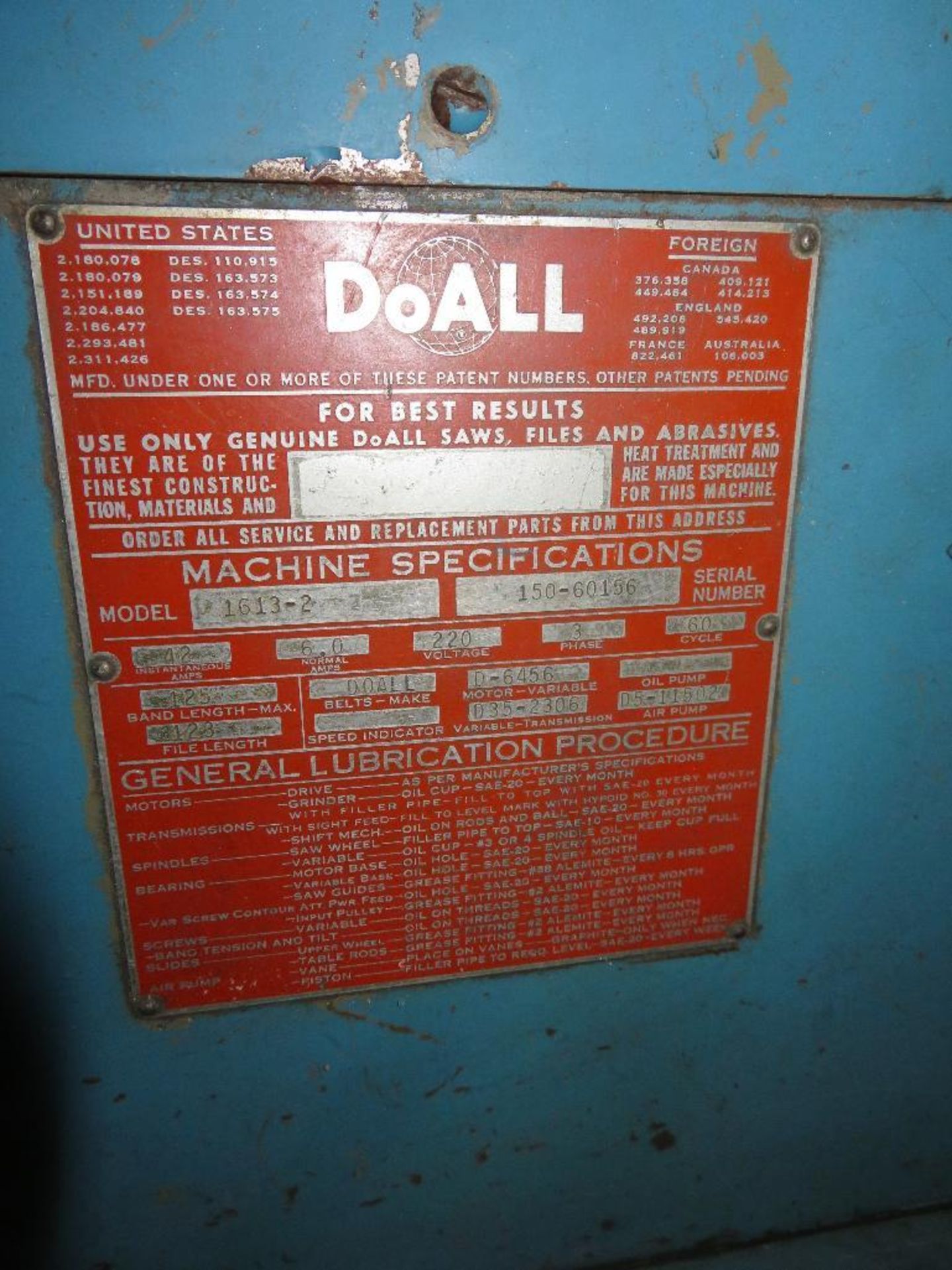 DoAll Countour-16 Vertical Band Saw, Model 1613-2, S/N 15060156, DoAll Butt Welder, 24” x 24” Workin - Image 3 of 4