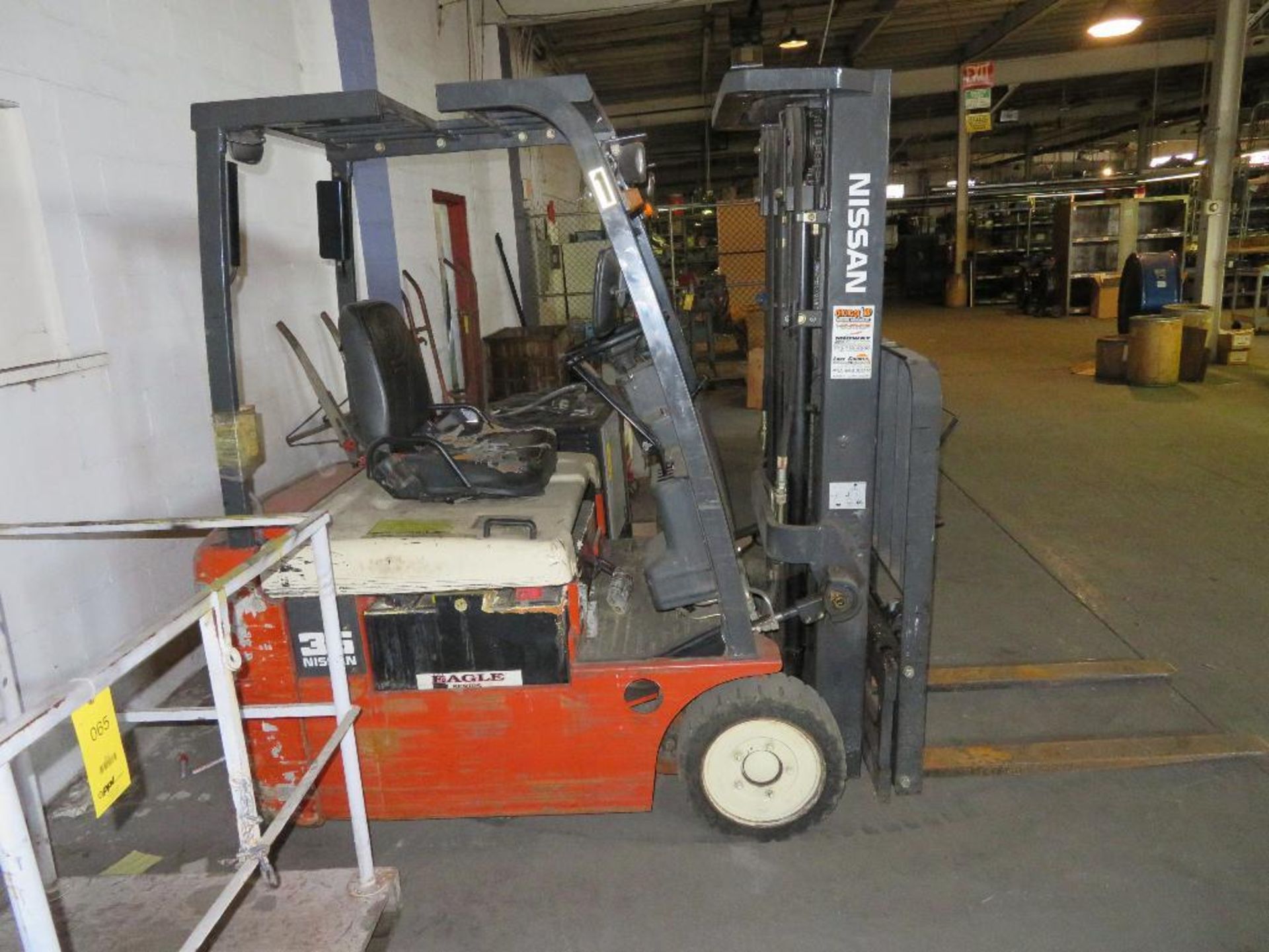 Nissan 3,500 lb. Electric Forklift, S/N NOI-720716, Solid Tires, Overhead Guard, 169” Lift of 3-Stag - Image 2 of 5