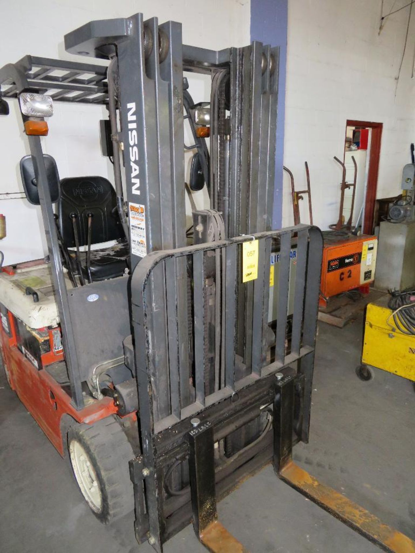 Nissan 3,500 lb. Electric Forklift, S/N NOI-720716, Solid Tires, Overhead Guard, 169” Lift of 3-Stag - Image 4 of 5