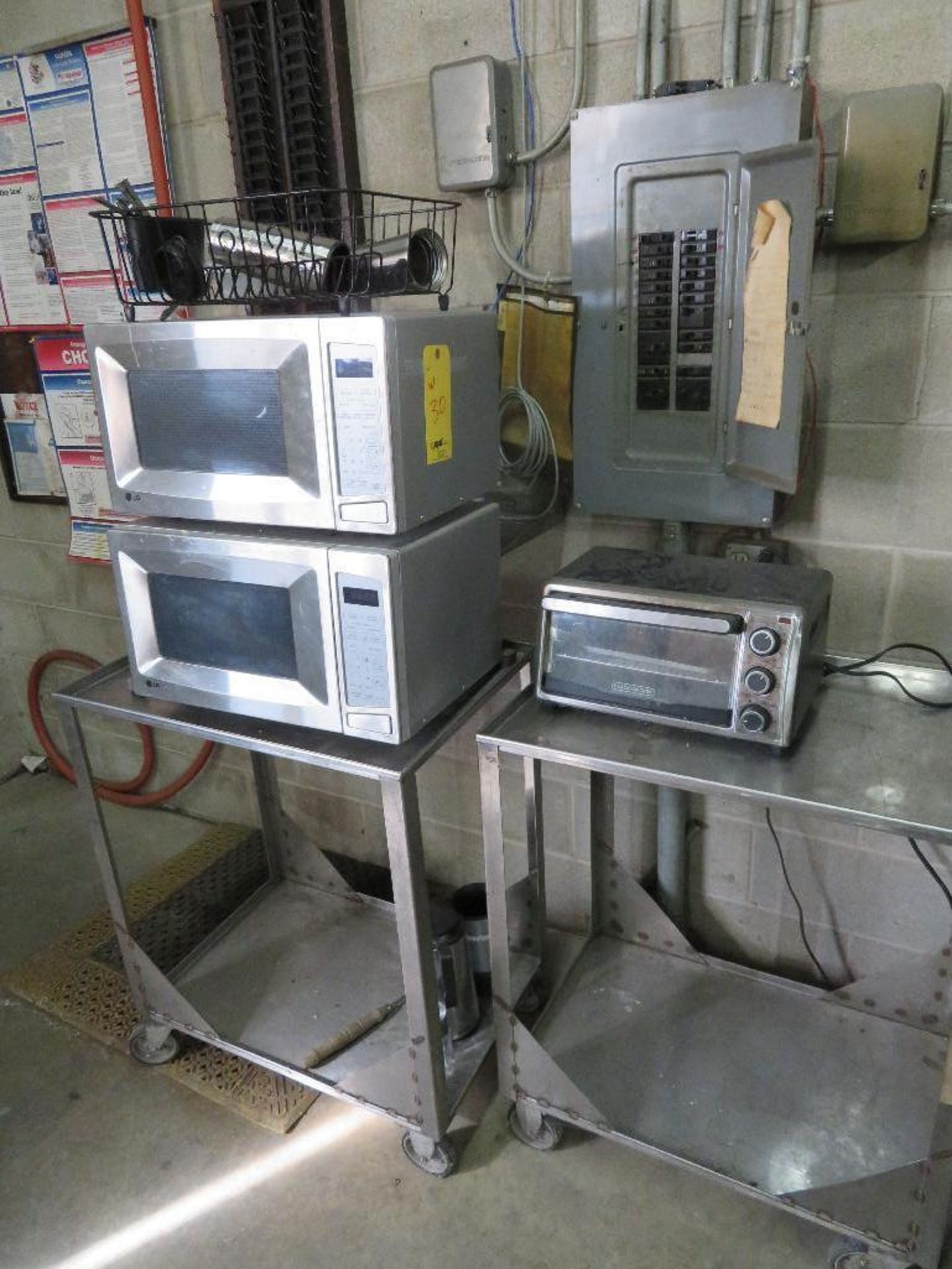 LOT: Refrigerator, (2) Microwave Ovens, Toaster Oven on (2) Stainless Steel Rolling Carts - Image 2 of 2