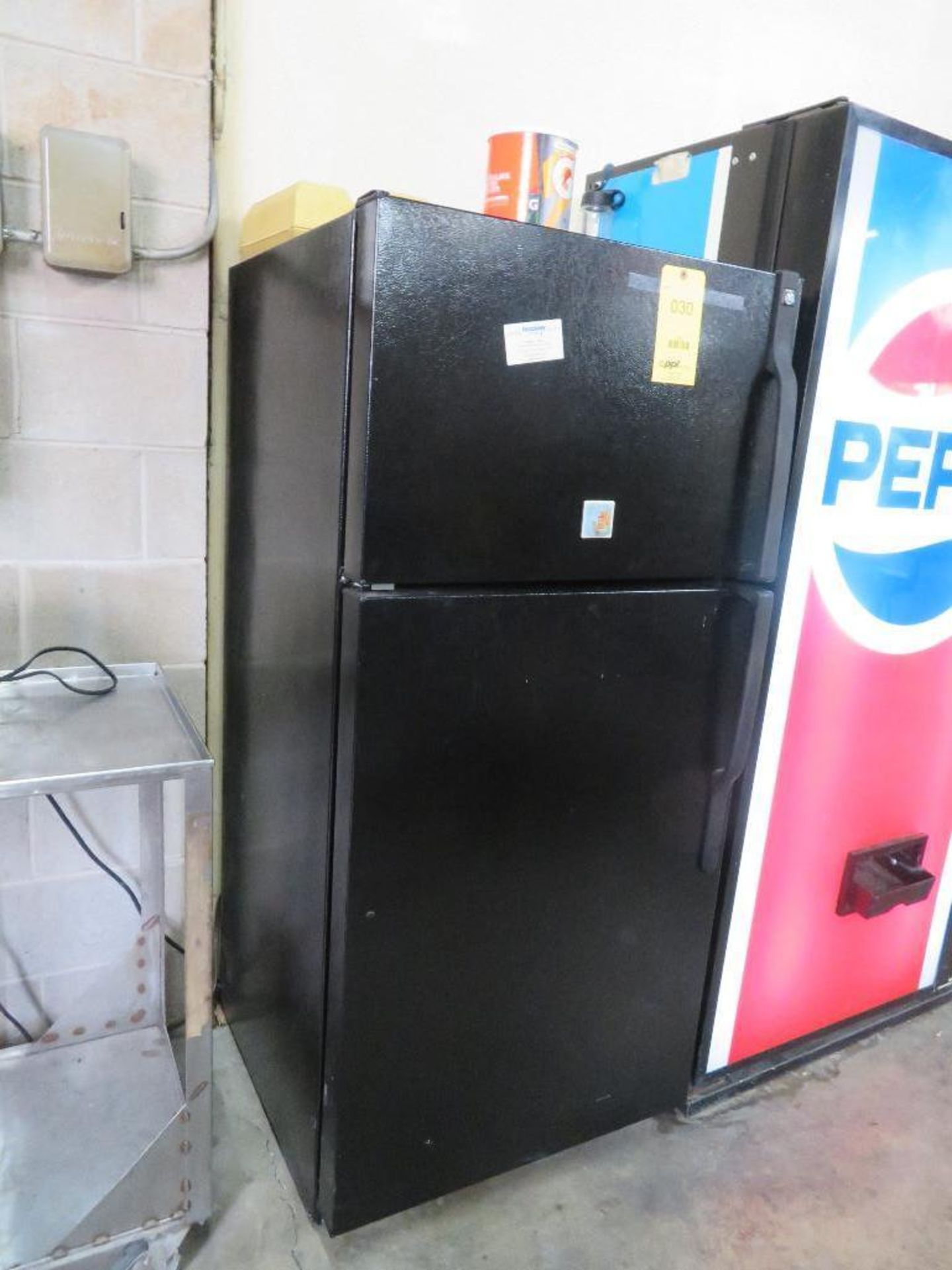 LOT: Refrigerator, (2) Microwave Ovens, Toaster Oven on (2) Stainless Steel Rolling Carts