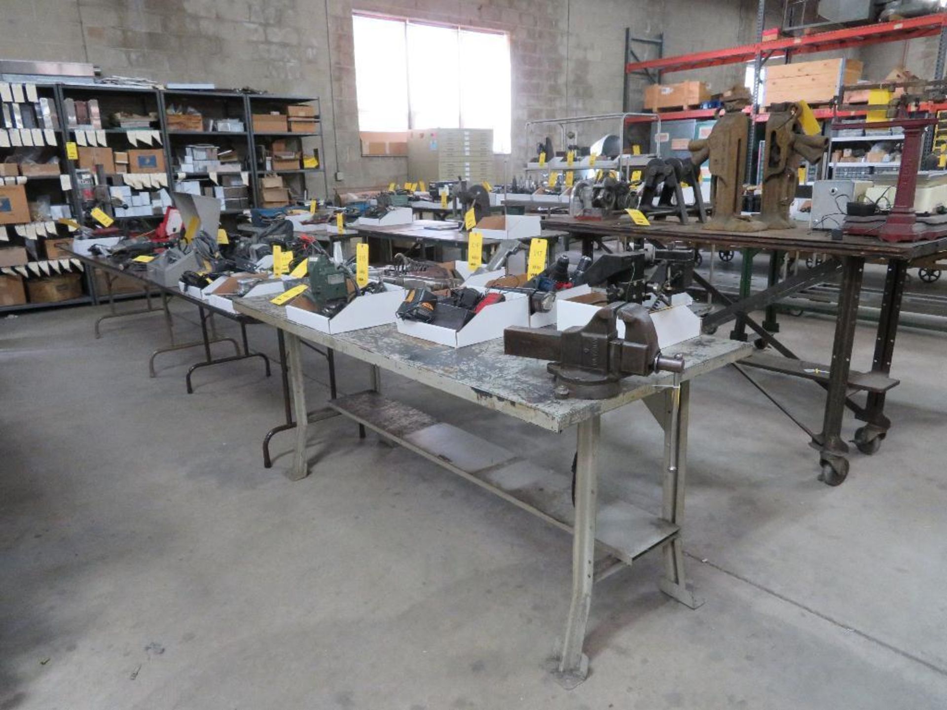 LOT: (4) Work Benches, (2) Folding Tables, (2) Vises with 3 in. & 4 in. Jaws (delay removal - 5