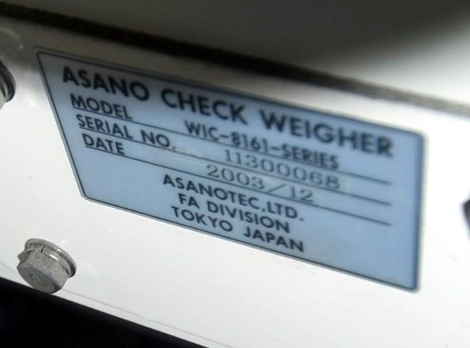 LOT: Asano Check Weigher Series WIC-8161, S/N 11300068 (2003), includes Anser 620 Inkjet Printer - Image 3 of 5