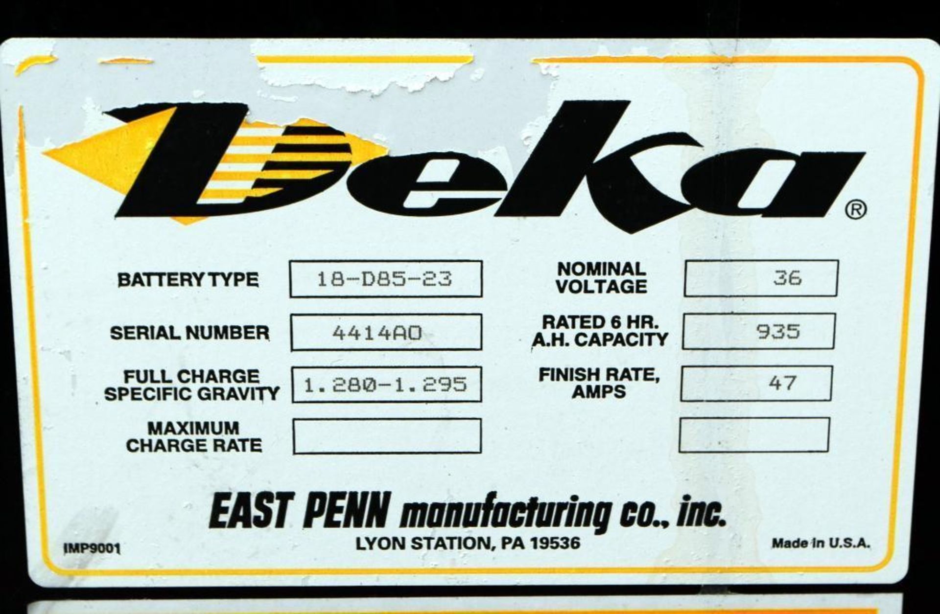 East Penn Mfg. Deka 36 Volt Battery Type 18-D85-23, S/N 4414A0 (reported not to hold a charge) - Image 3 of 3