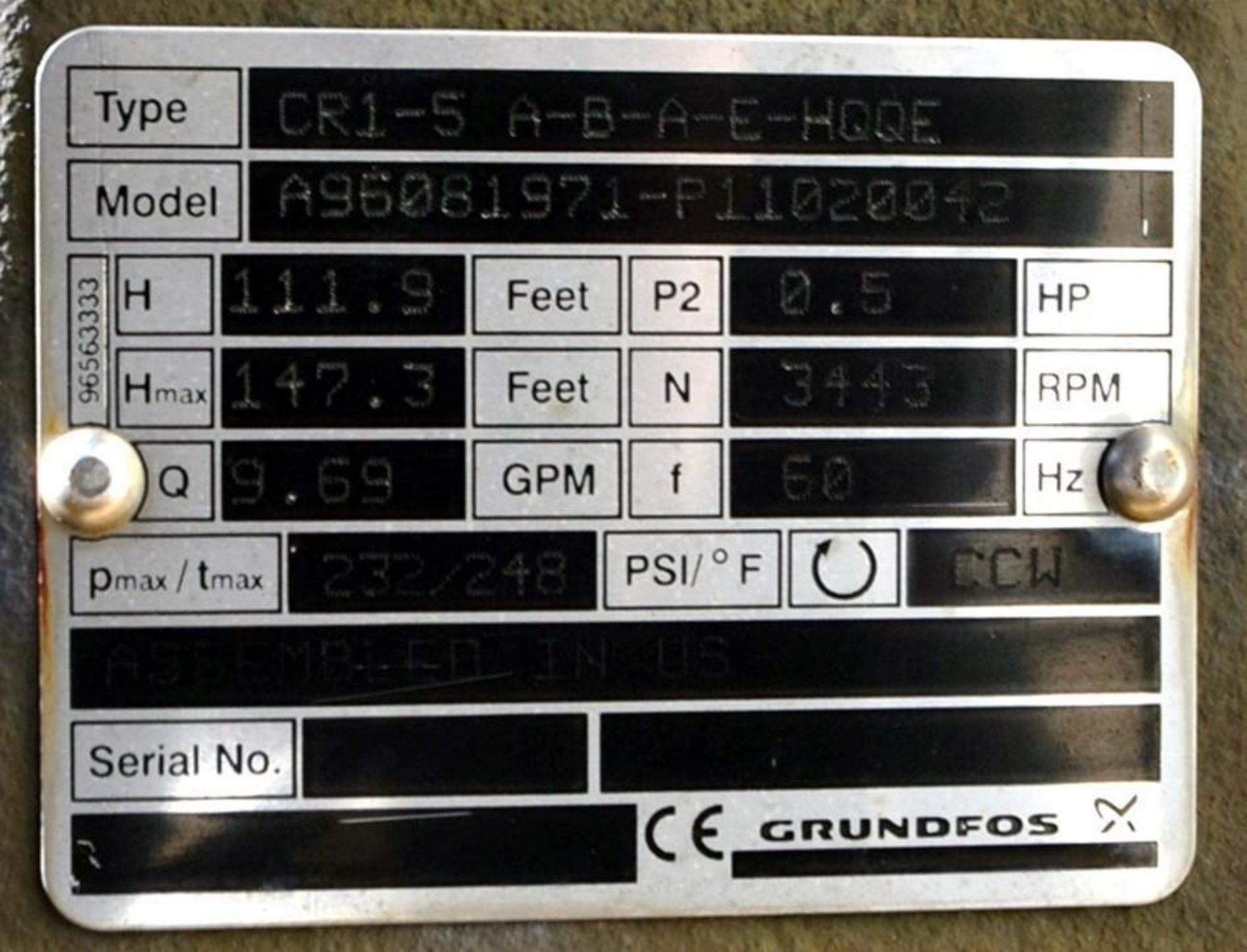 Grundfos Vertical Centrifugal Pump Type CR1-5-A-B-A-E-HQQE, S/N A96081971-P11020042, Rated 9.69 Gall - Image 3 of 3