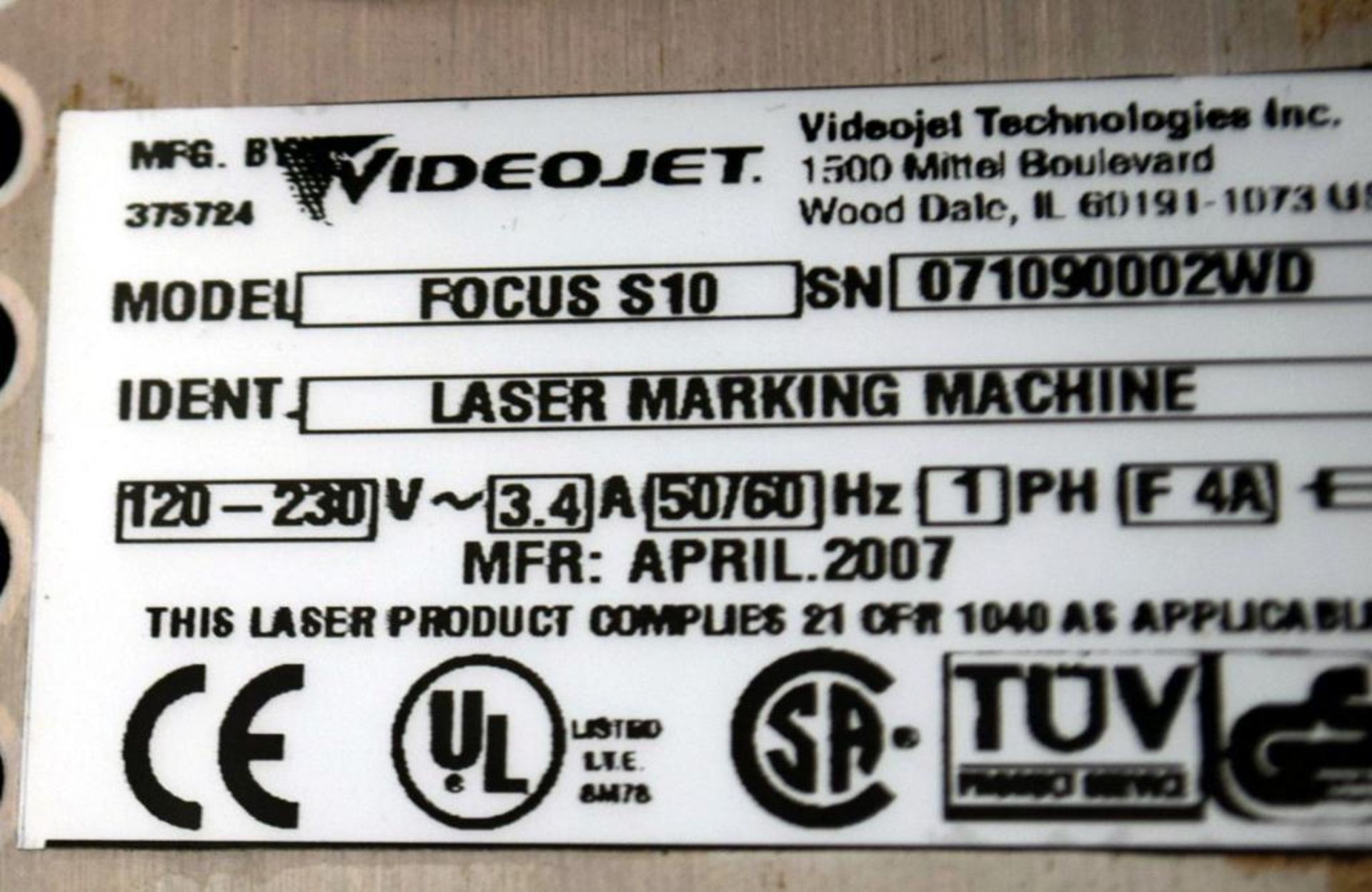 LOT: (1) VideoJet Focus S10 Laser Marking Machine, S/N 07109002WD, (1) Fumex Filter, (1) Stand - Image 5 of 5