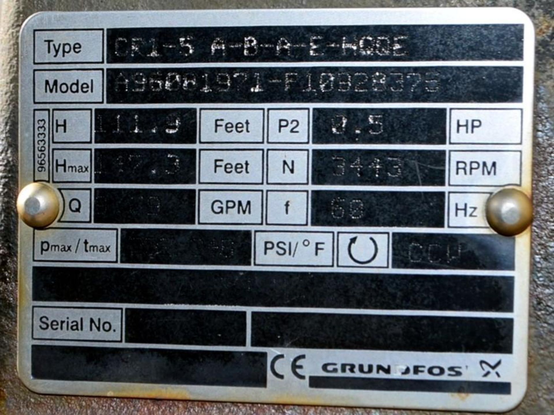 Grundfos Vertical Centrifugal Pump Type CR1-5-A-B-A-E-HQQE, S/N A96081971-P109028375, Rated 9.69 Gal - Image 3 of 3