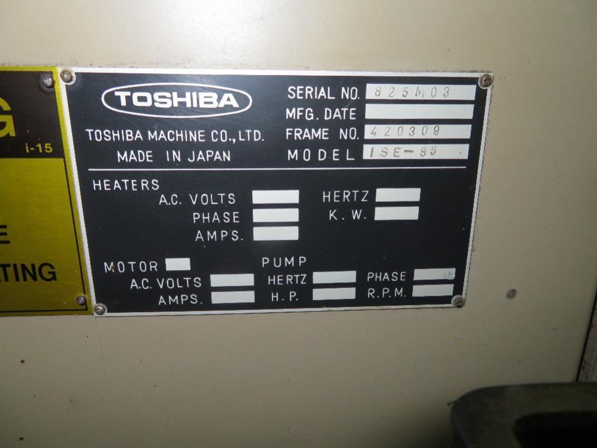 Toshiba 85 Ton, 4.6 oz. Hydraulic Injection Molding Machine Model ISE85-2B, S/N 420309 (1984), 14 in - Image 5 of 5