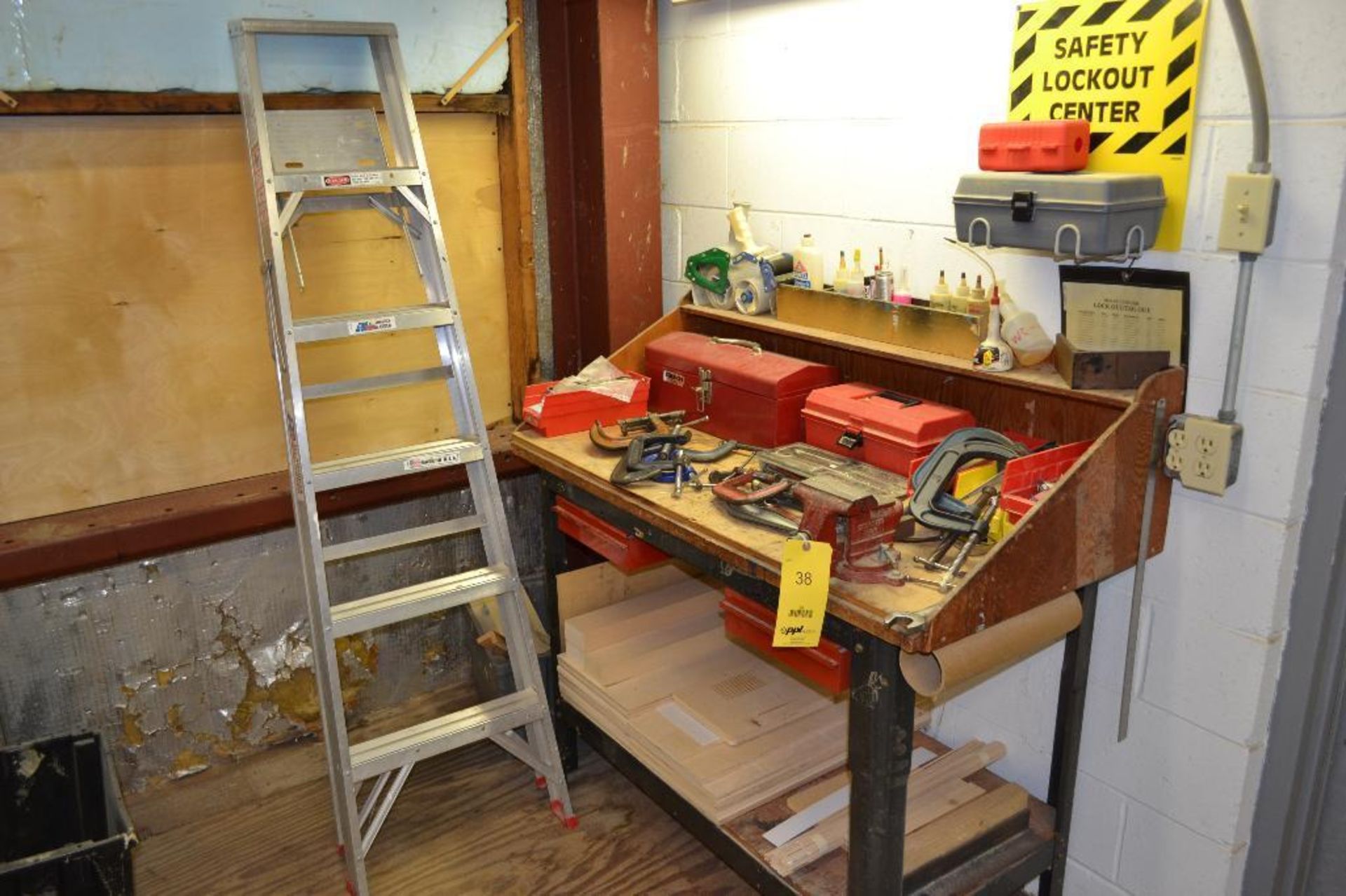 LOT: Steel Leg Bench with 4 in. Swivel Vise, Assorted Hand Tools & Tool Boxes, Aluminum Step Ladder