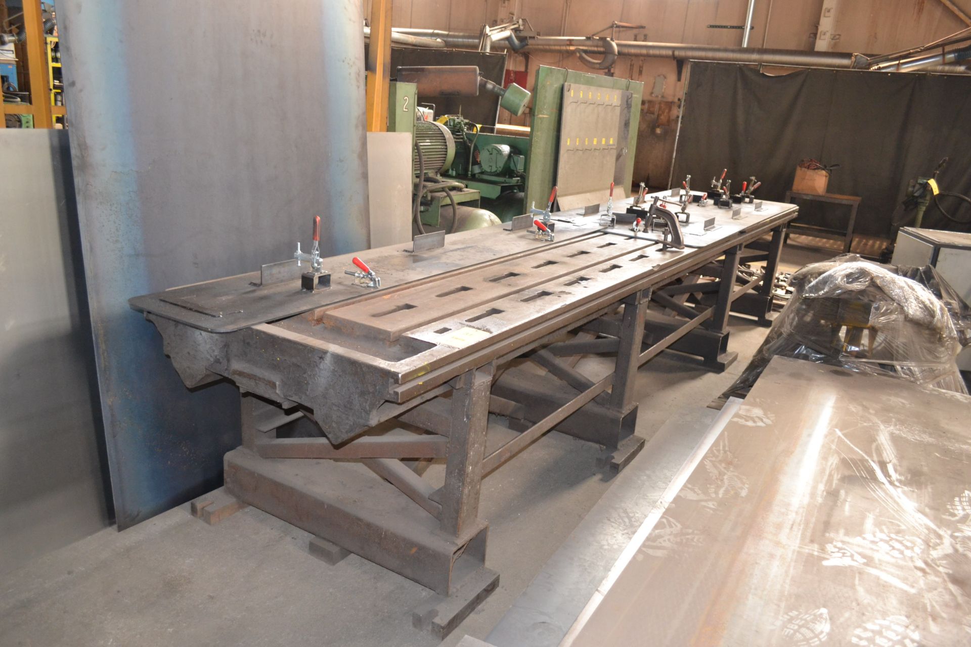 LOT: 36 in. x 16 ft. (est.) Heavy Duty Welding Layout Table, with Clamp Lock-in Slots, and Pallet of