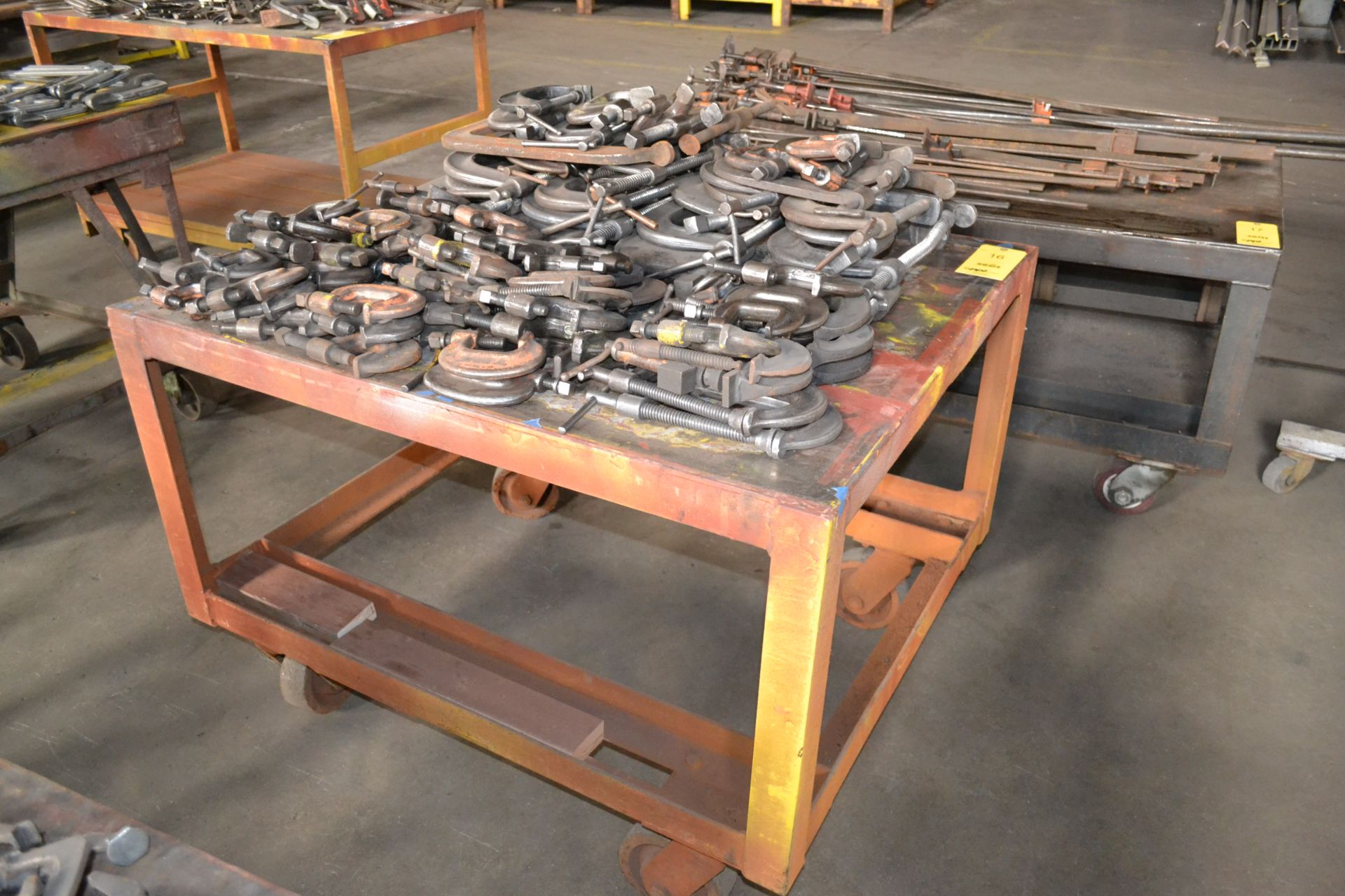 LOT: Rolling Steel Table with Large Assortment of Heavy Duty C-Clamps