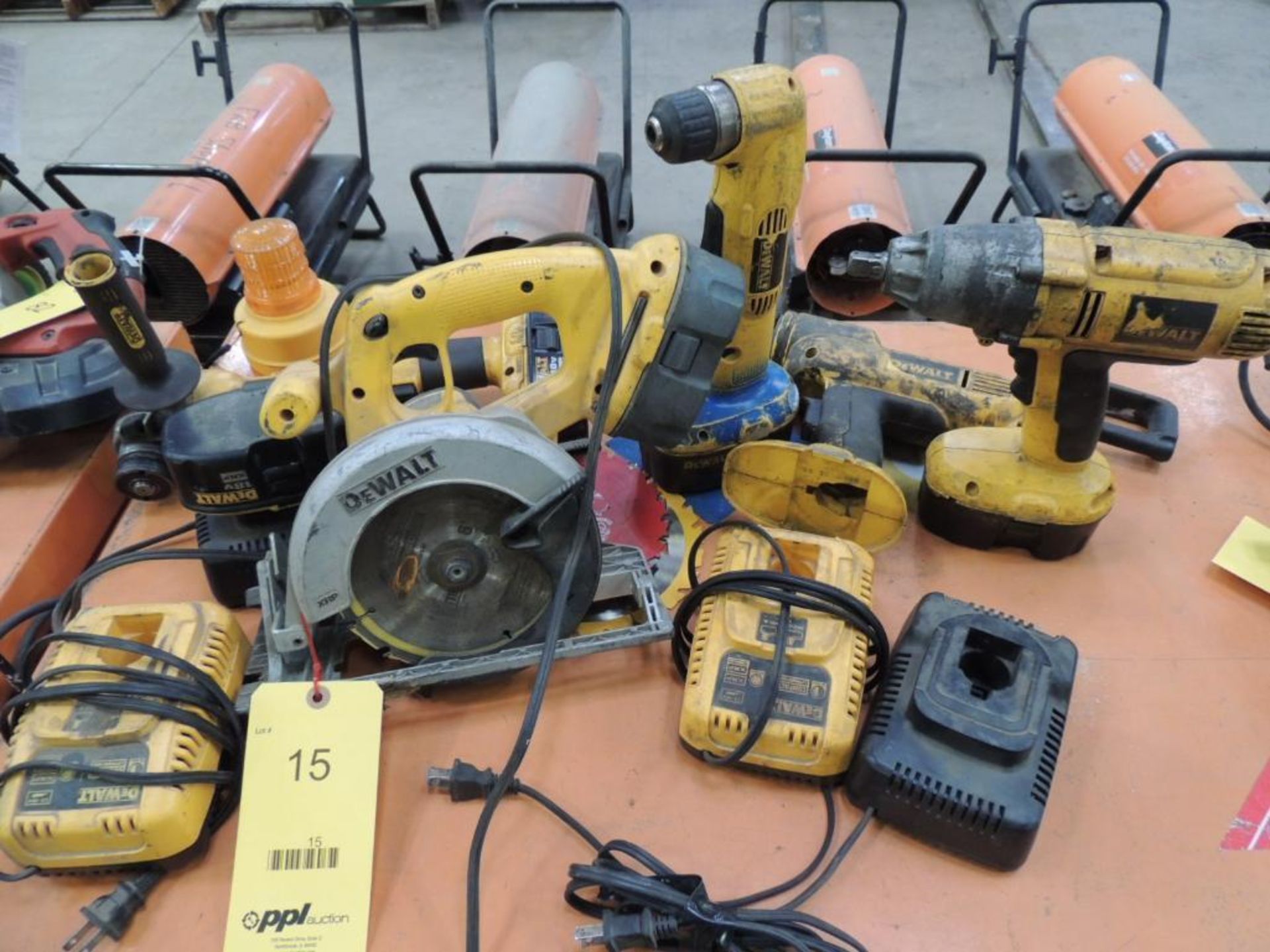 LOT: Dewalt 1/2 in. Impact, Circular Saw, Angle Grinder, Angle Drill, with Chargers, 18 Volt