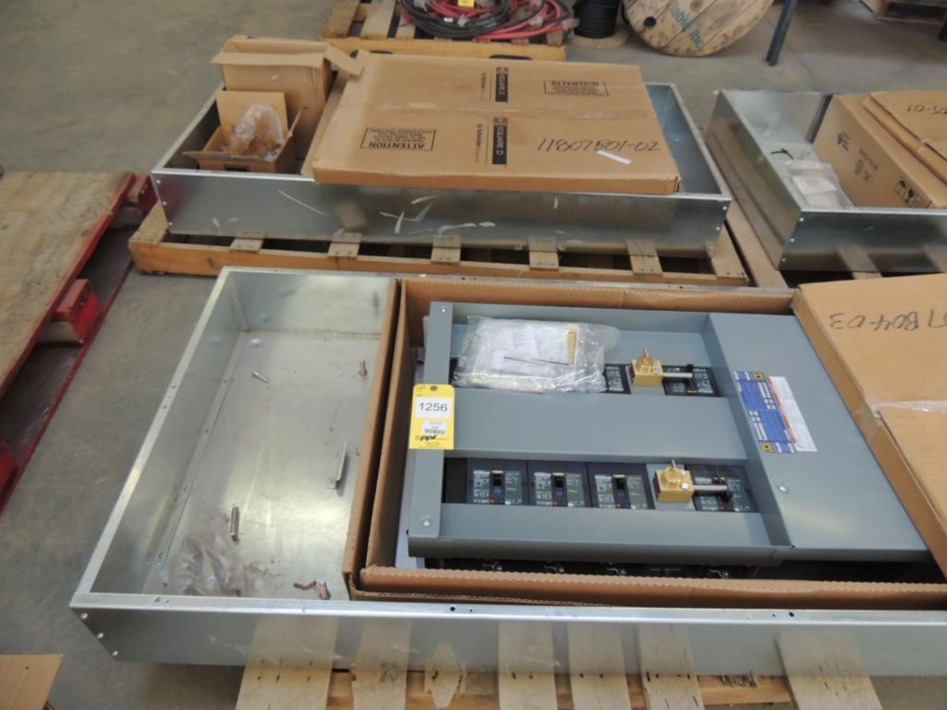 LOT: (6) Square D I-Line Panel Boards & Box with Cans, (5) 150 Breakers, (2) 60 Breakers