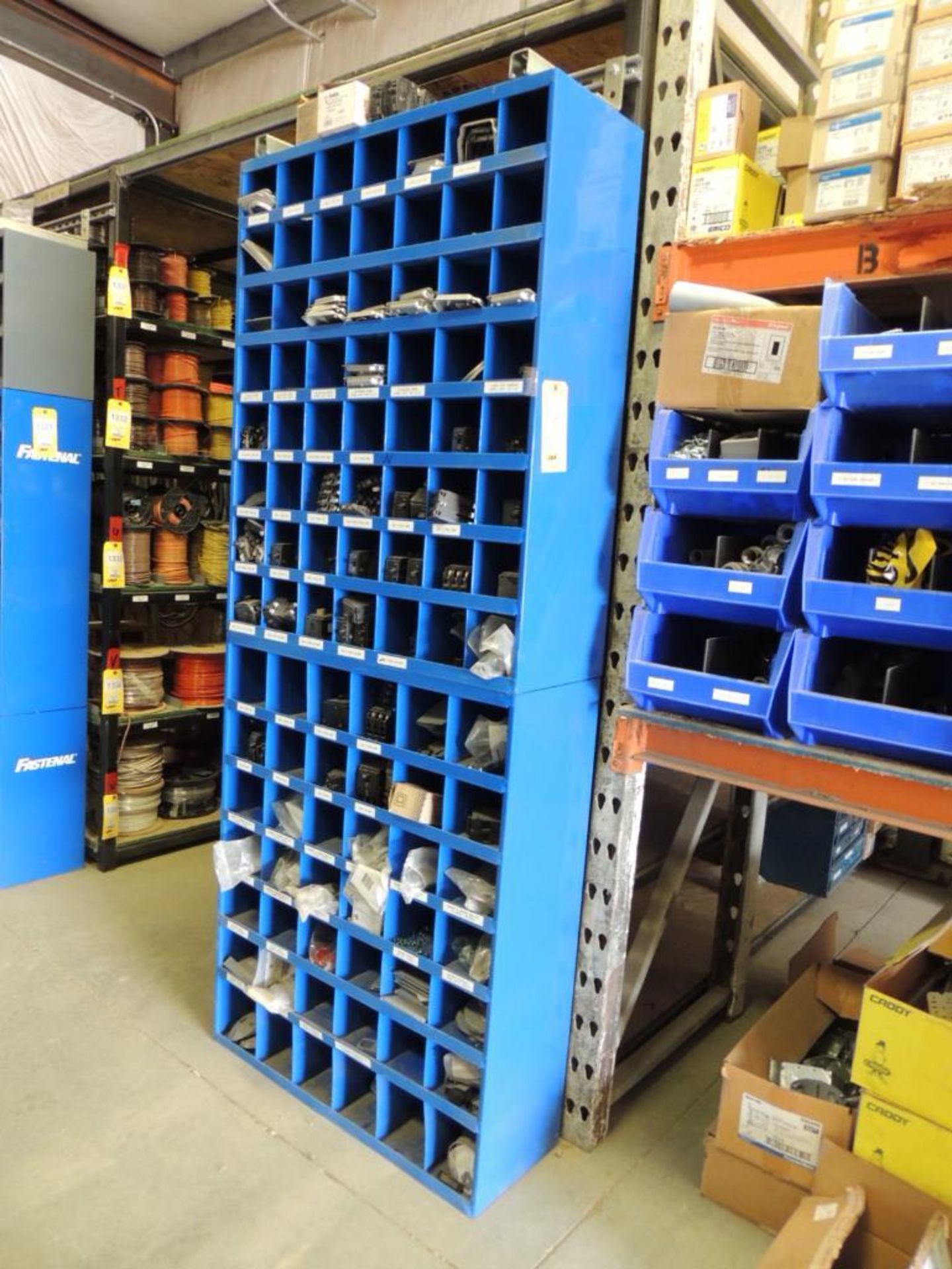 LOT: Fastenal 84-Compartment Bin with Square D Breakers, IND Raised Covers, Ground Bars, Bubble