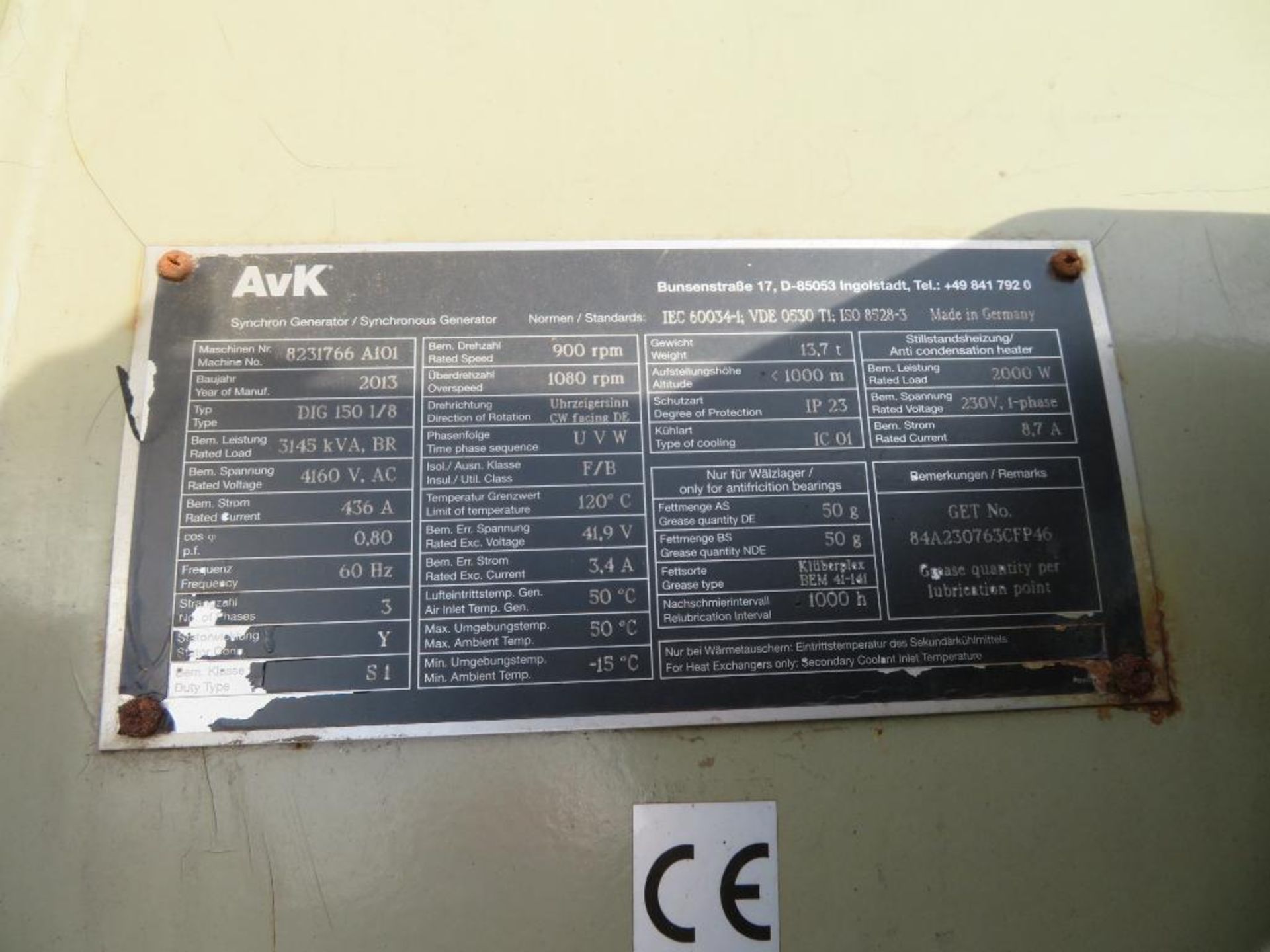 2013 AVK Generator Type D1G150 1/8, S/N 8231766A101, 4160 Volt AC - Image 4 of 4