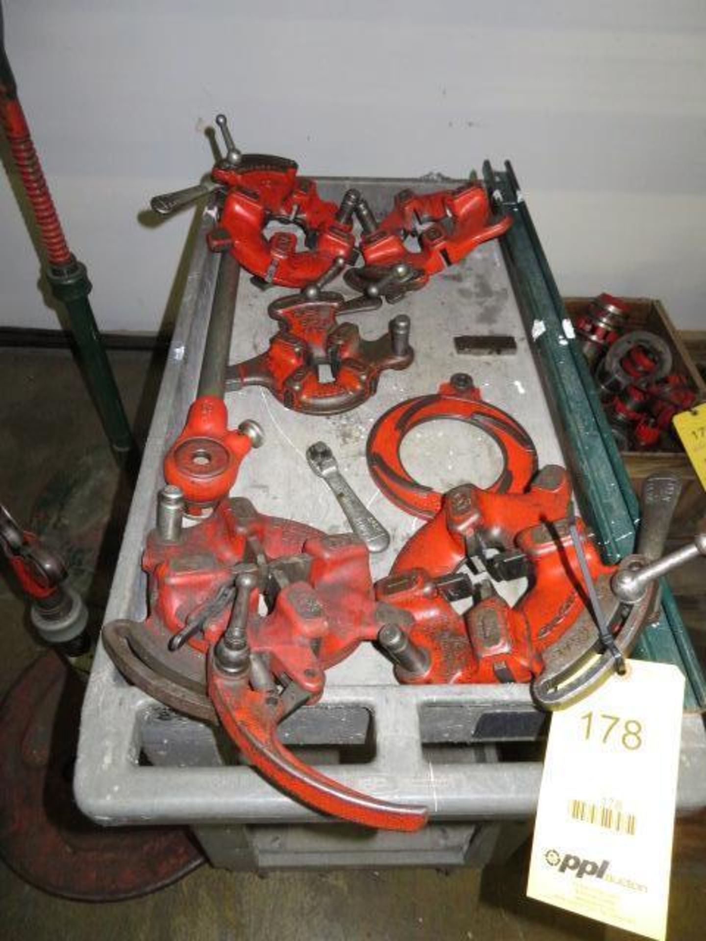 LOT: (5) Assorted Ridgid Threading Heads, with Cart & (2) Roller Stands
