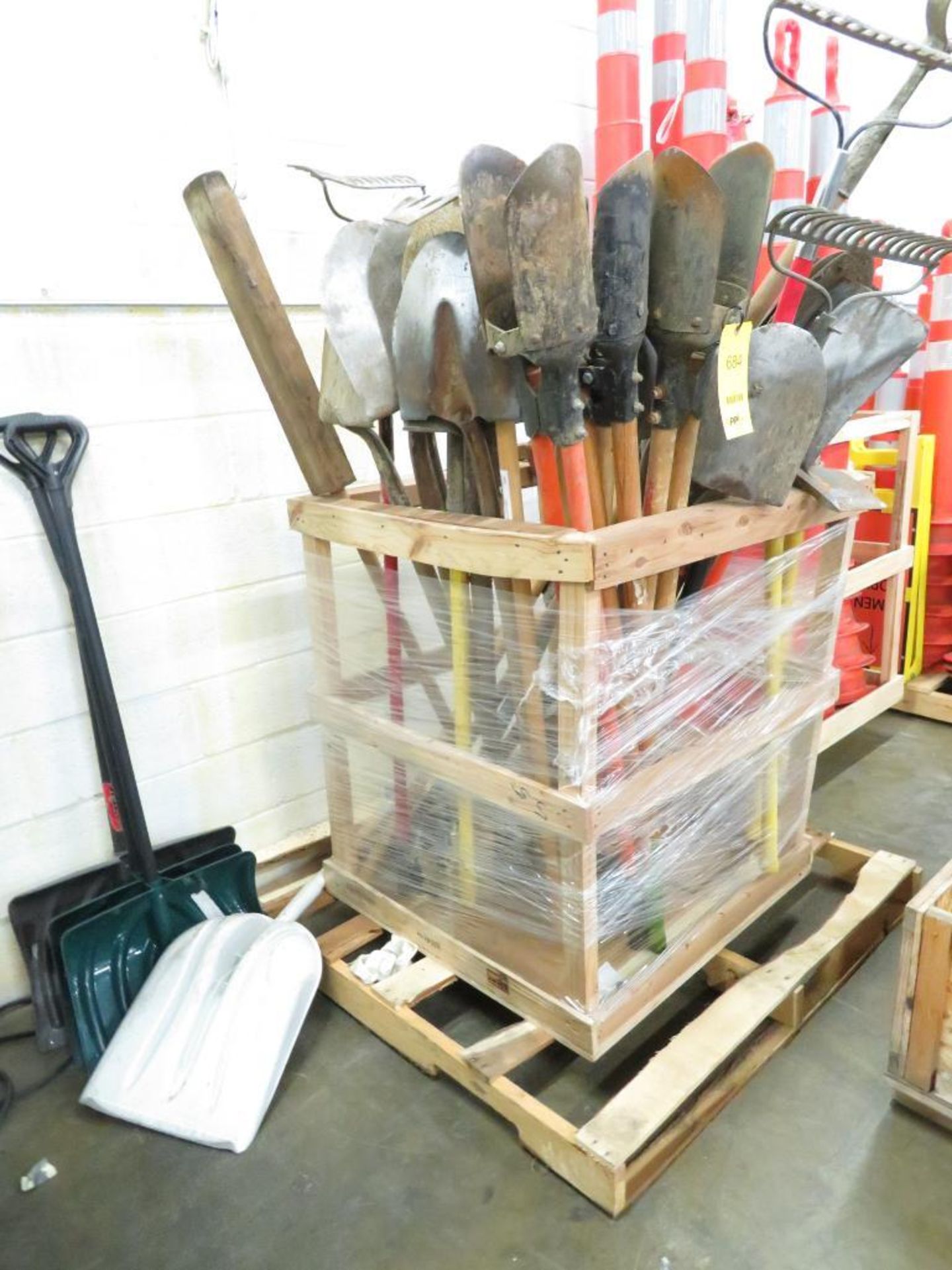 LOT: Post Hole Diggers, Shovels, Rakes & Pick Axes in (1) Crate