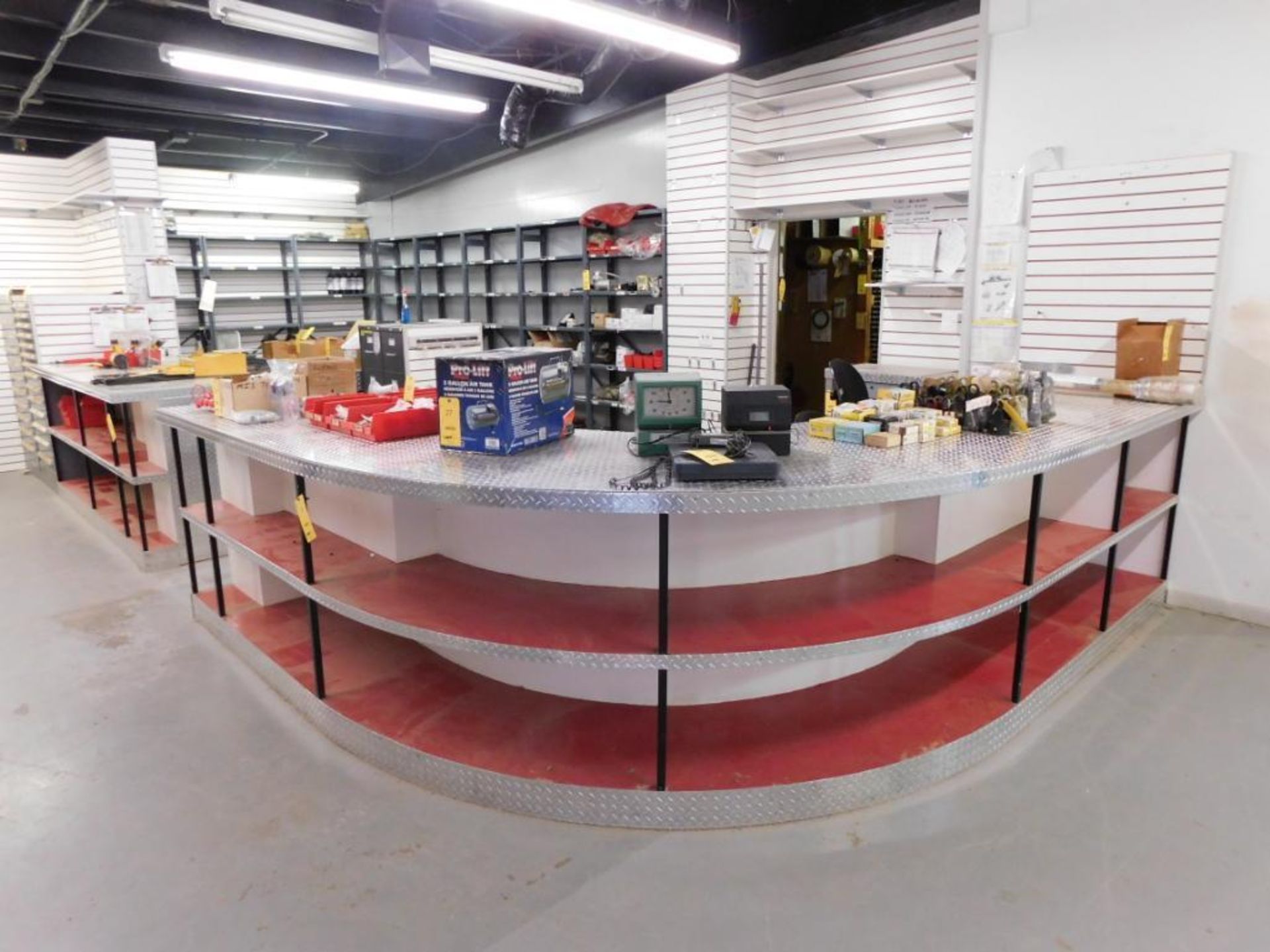 LOT: 23 ft. x 12 ft. x 36 in. 2-Side Diamond Plate Parts Department Counter, with Service & Parts Ma