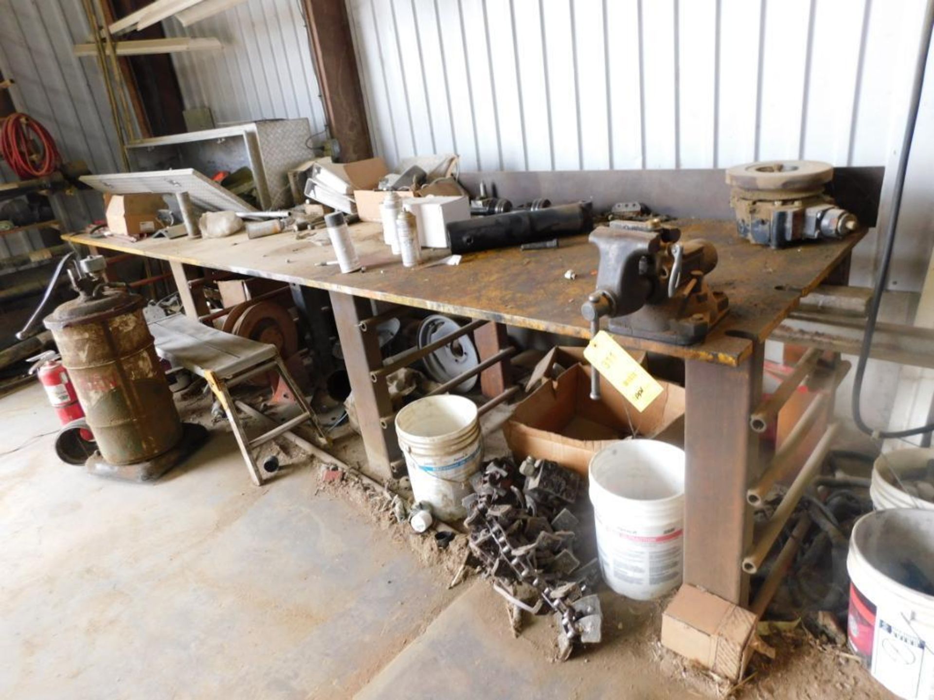 LOT: 40 in. x 172 in. x 1 in. Steel Work Bench with Vise & Contents of Assorted Hardware