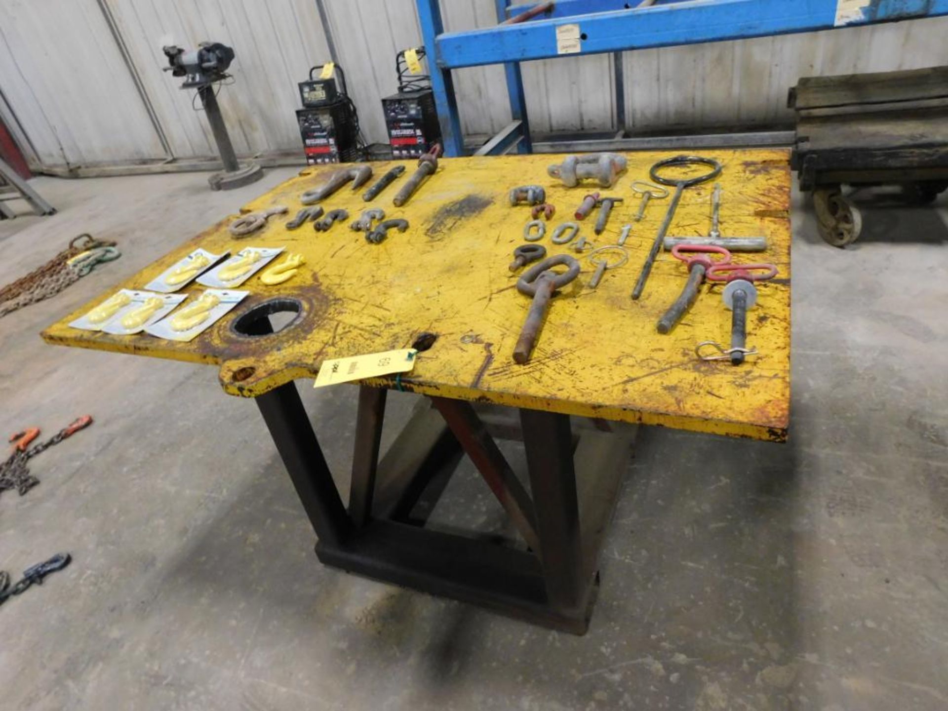 LOT: 41 in. x 58 in. x 1 in. Steel Table with Contents of Assorted Clevis Hooks, etc.