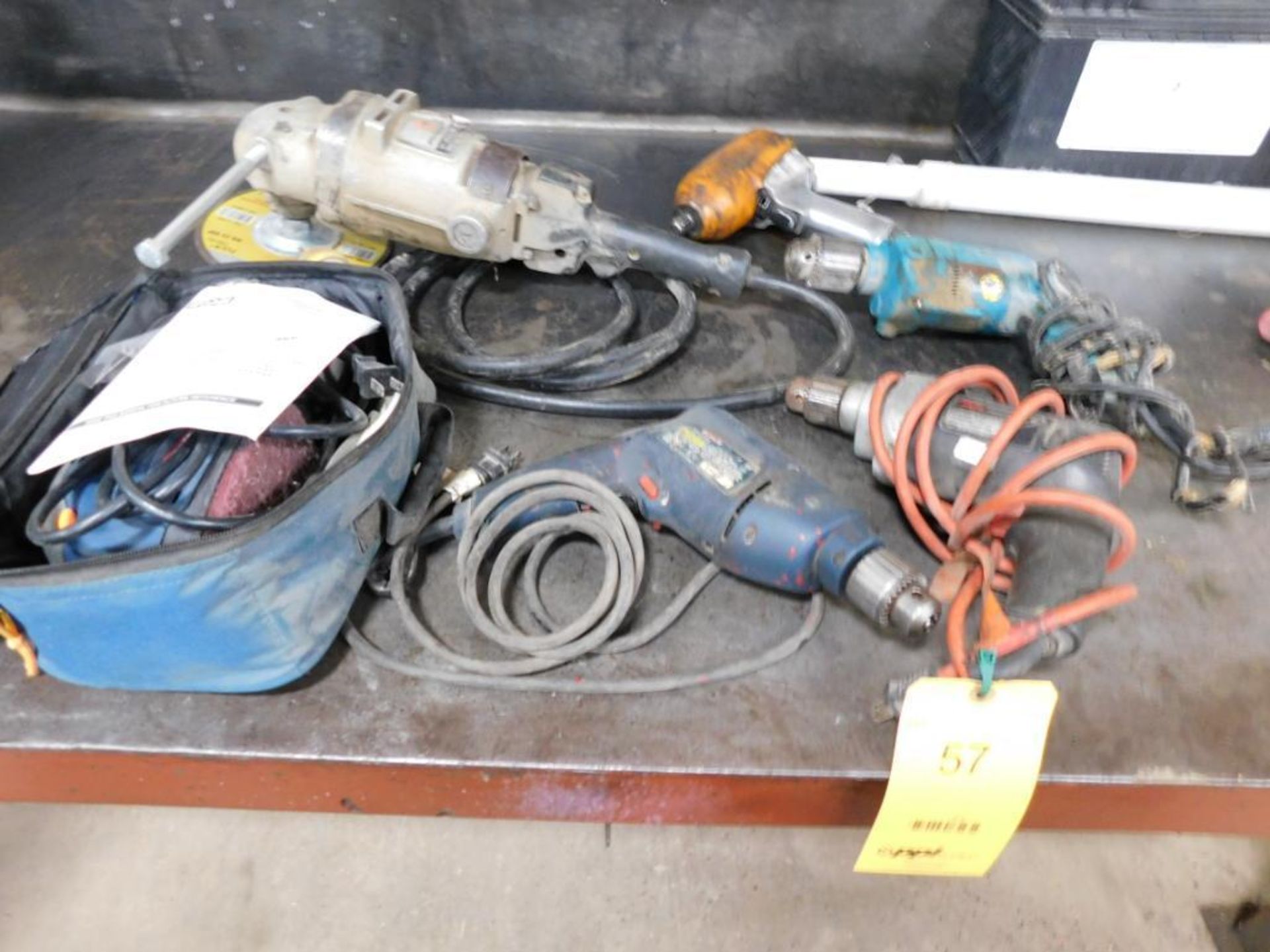 LOT: Right Angle Grinder, 1/2 in. Pneumatic Impact Wrench, (3) Drills