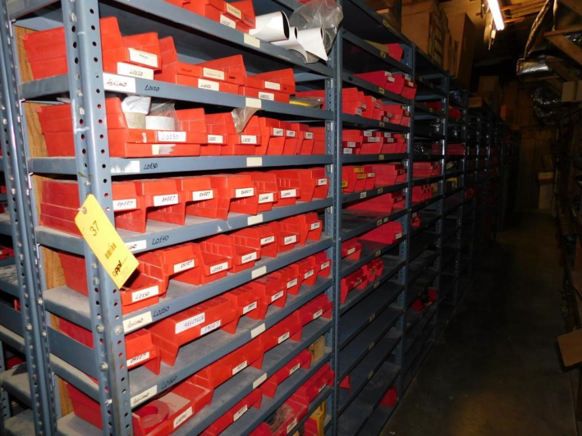 LOT: (1) Row of Steel Shelving (both sides) with Contents of Fertilizer Knives & Accessories, Hardwa