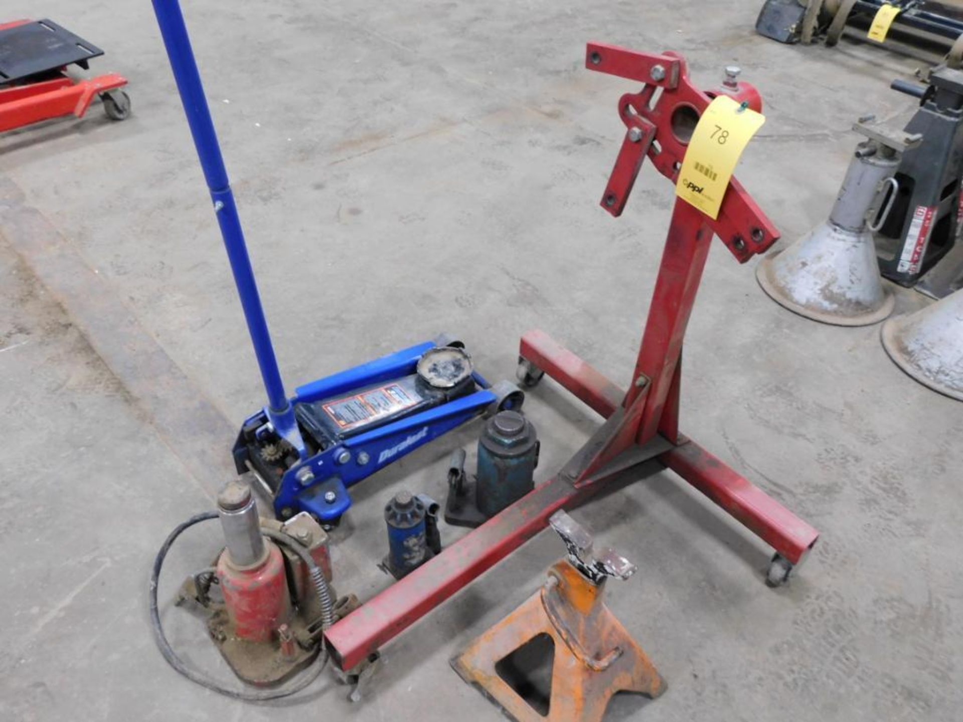 LOT: 3 Ton Floor Jack, Engine Stand, Bottle Jacks