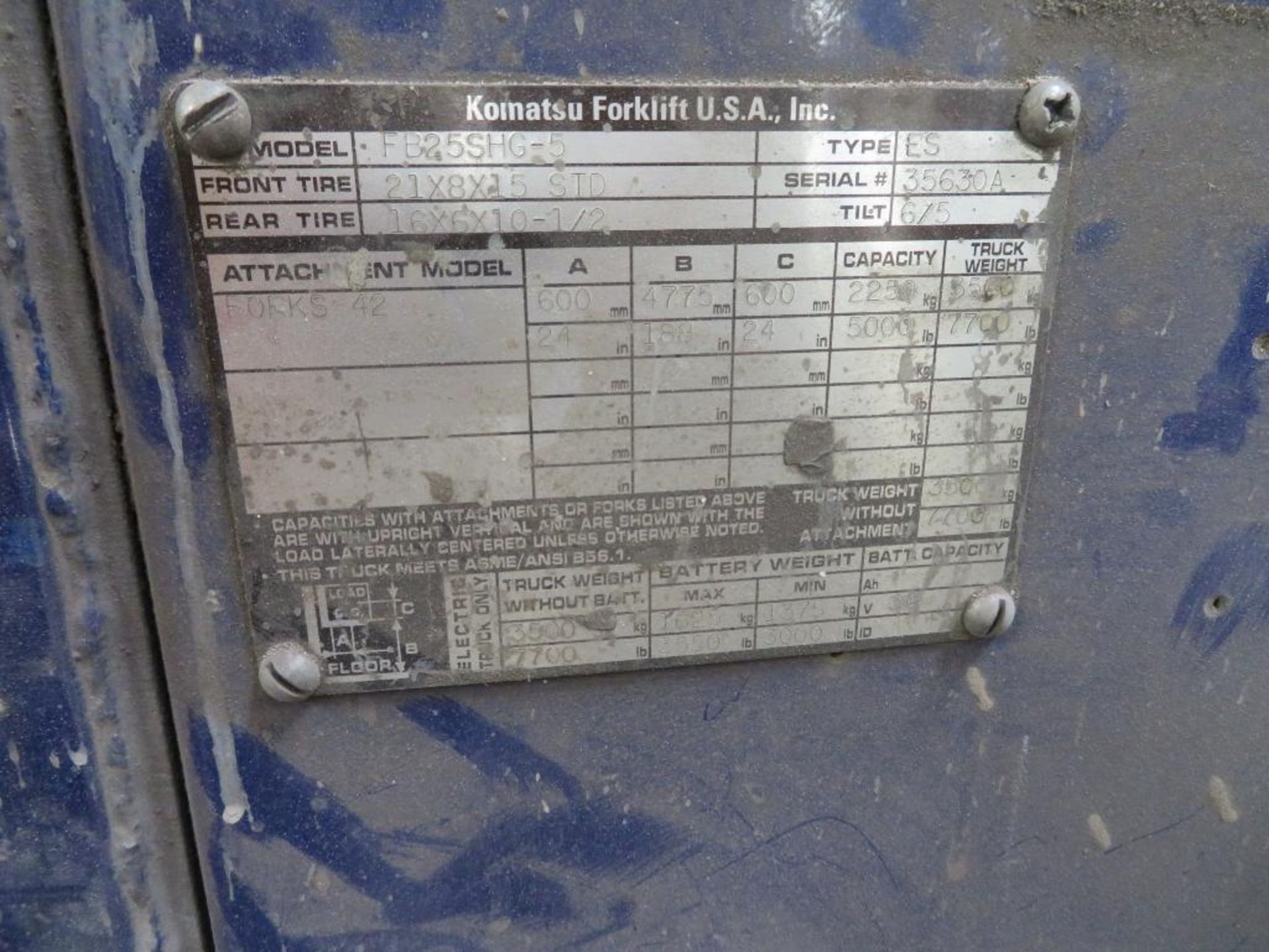 Komatsu 5000 lb. Electric Forklift Model FB25SHG-5, S/N 35630A, Solid Tires, Overhead Guard, 4775mm - Image 4 of 4