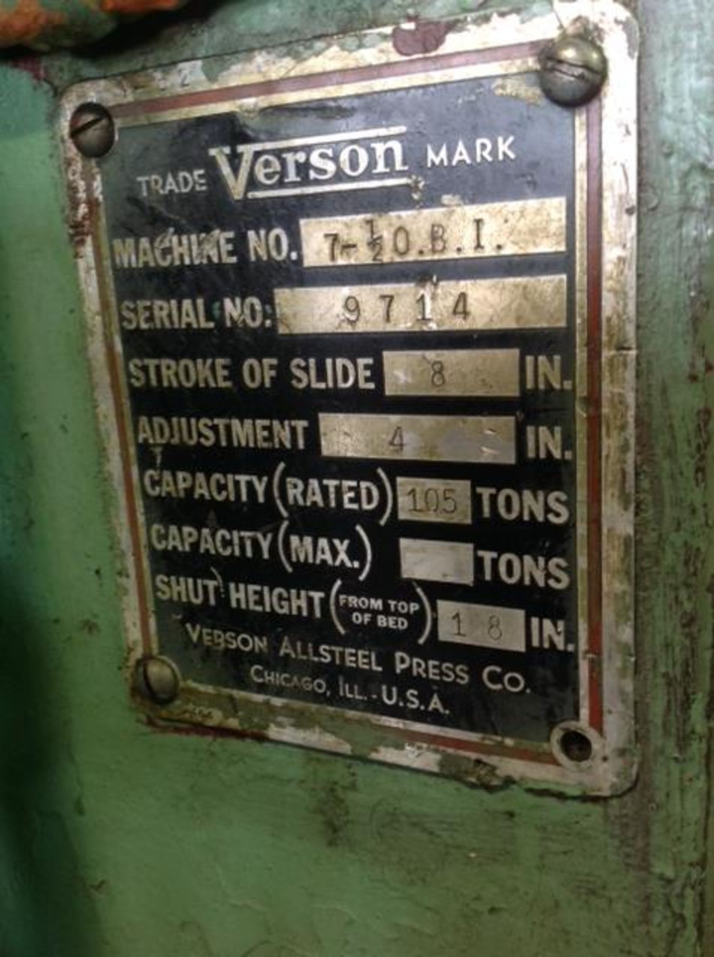 105 Ton Verson #7 1/2 OBI Press, s/n:9714 8” stroke, 18” sh 4” adj, tie bars - Image 3 of 3