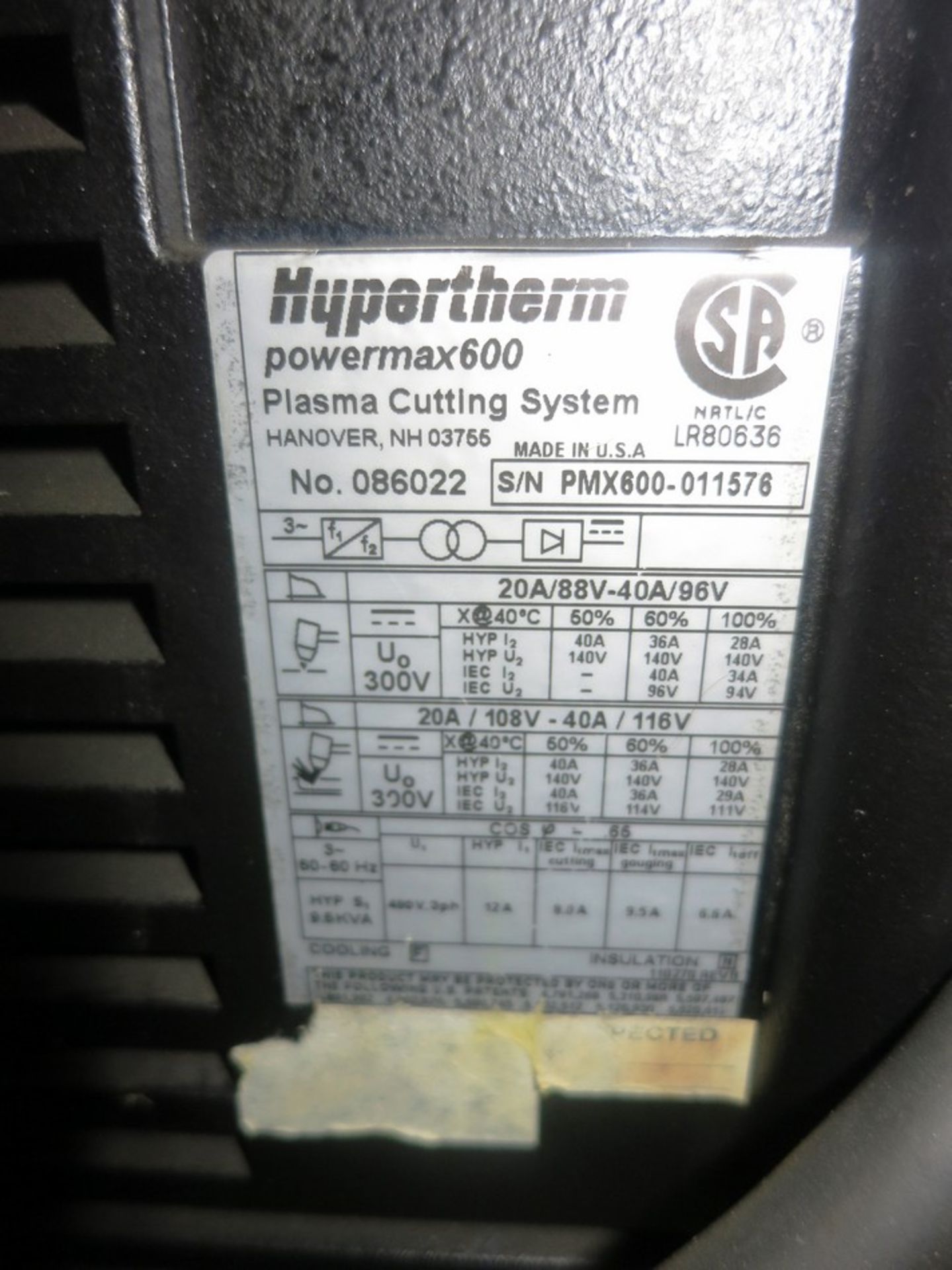 Hypertherm Powermax 600 Plasma Cutting Torch S/N: Pmx600-011576 - Image 3 of 3