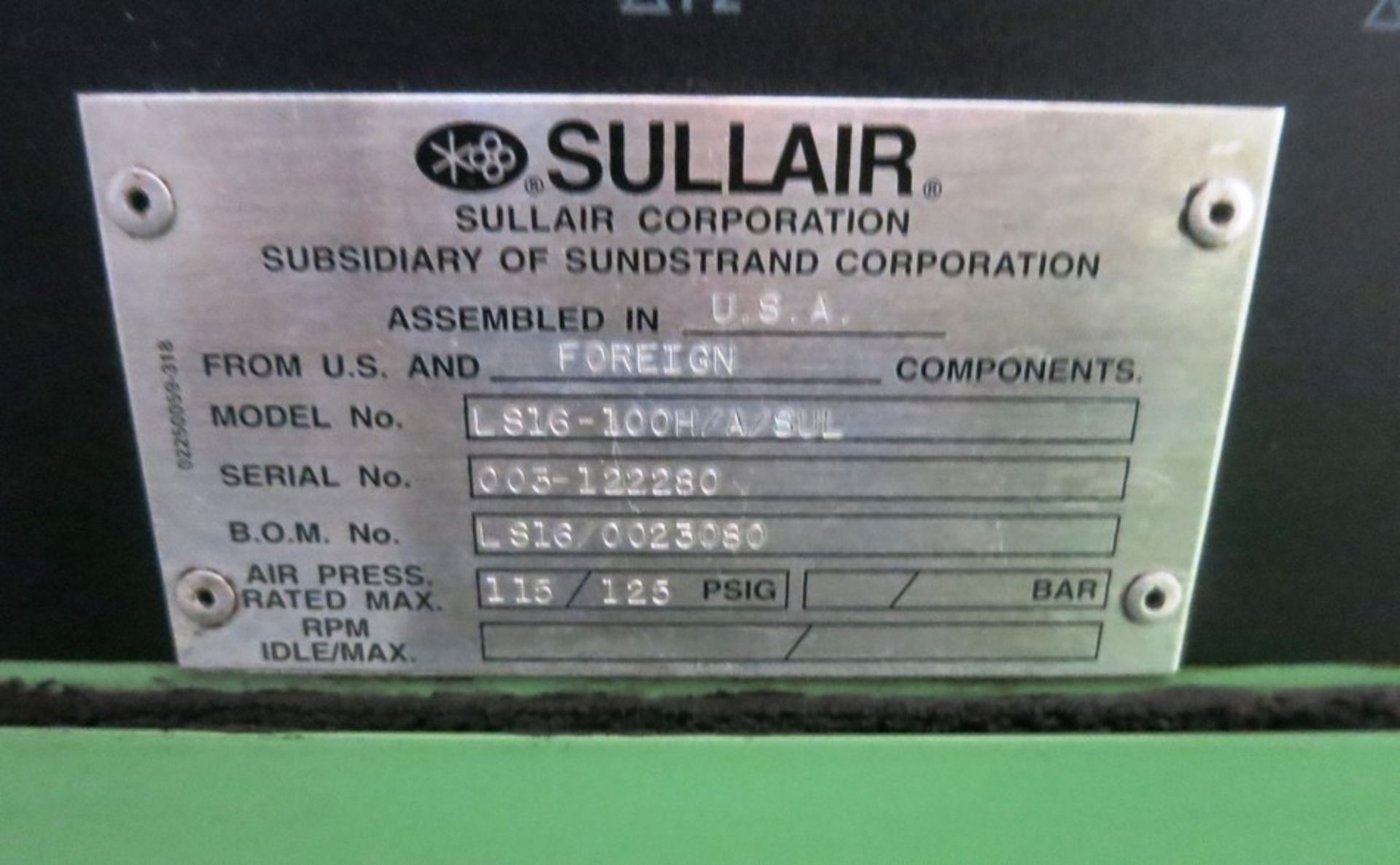 Sullair LS-16-100H/A/Sul Rotary Screw Type Air Compressor, S/N 003122280, General - Image 3 of 3