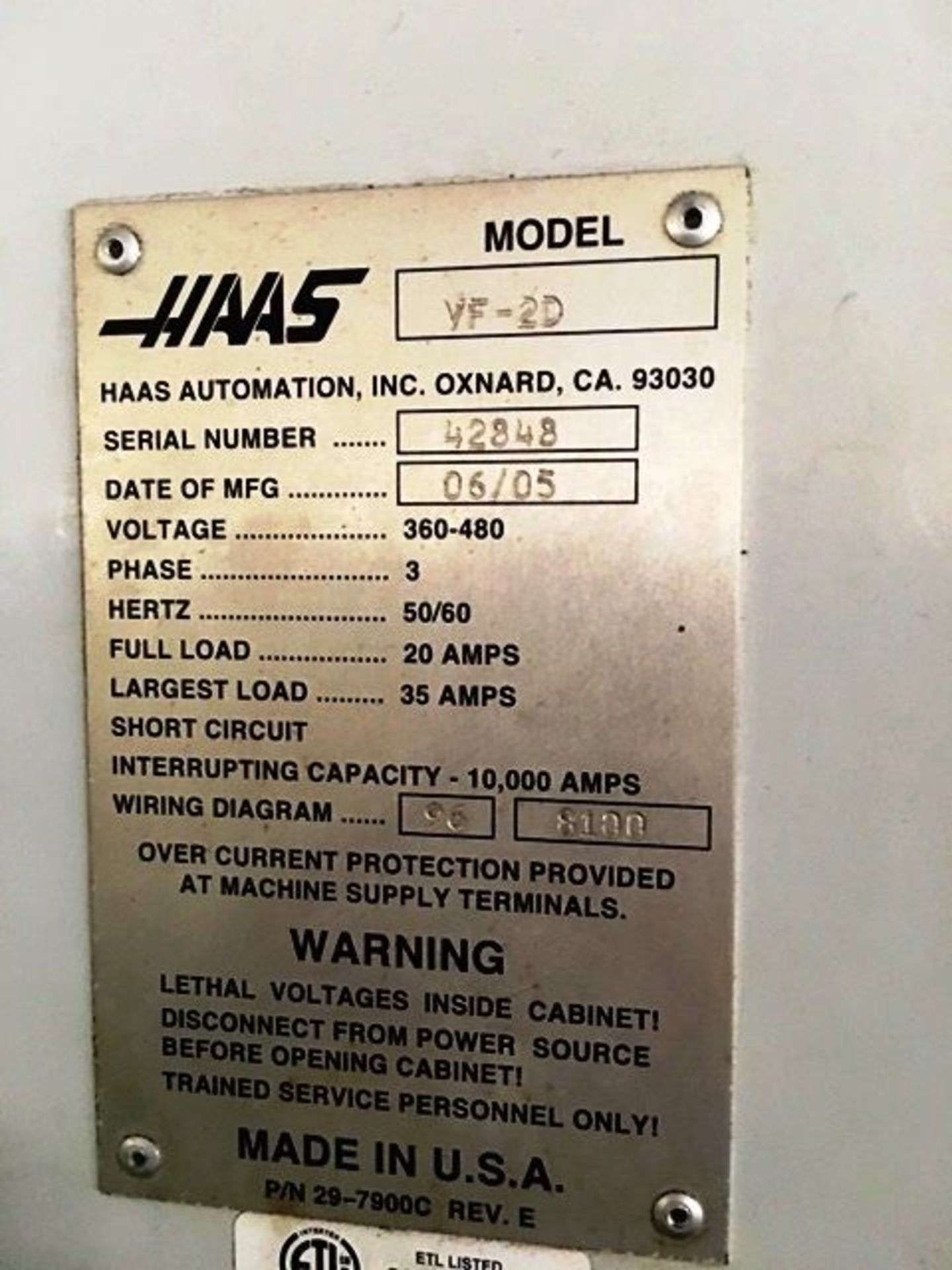 Haas Model VF-2D CNC Machining Center, S/N 42848, New 2005 - Image 6 of 6