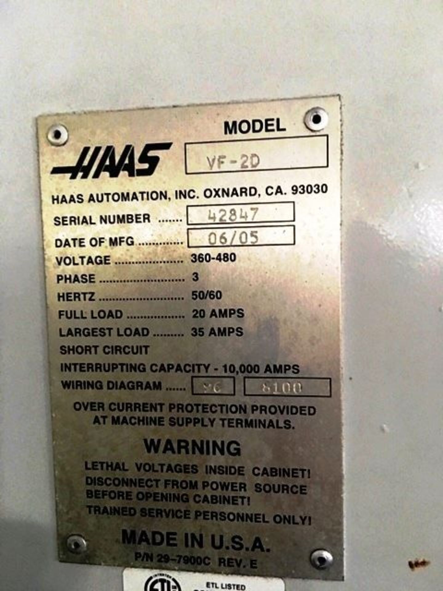 Haas VF-2D CNC Machining Center, S/N 42847, New 2005 - Image 4 of 5