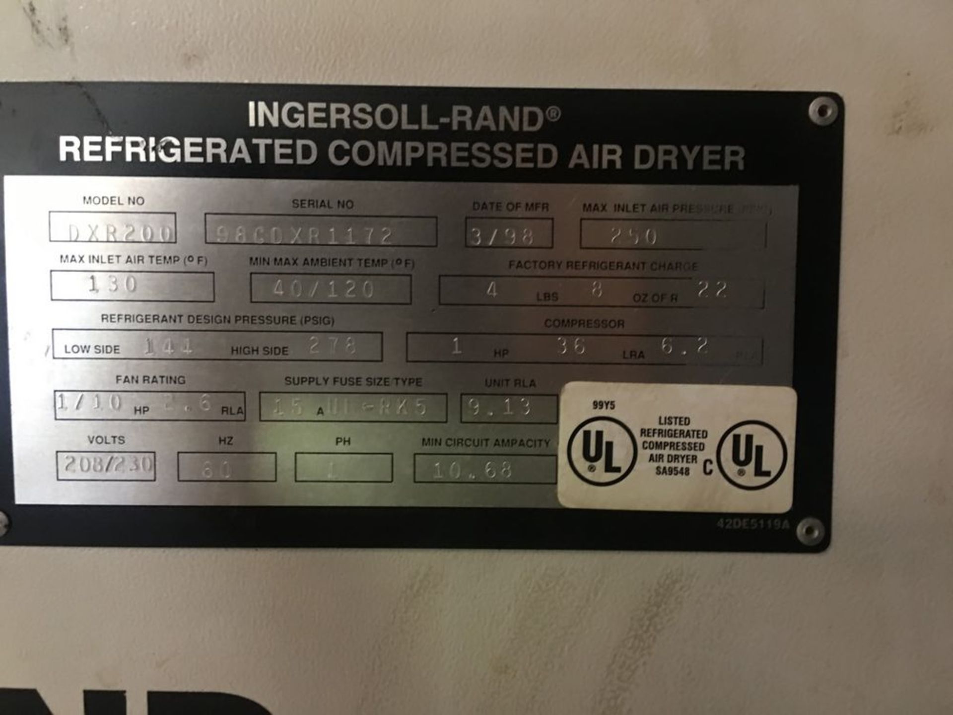 Ingersoll-Rand Air Dryer Model DXR200, S/N 98CDXR1172 - Image 8 of 8