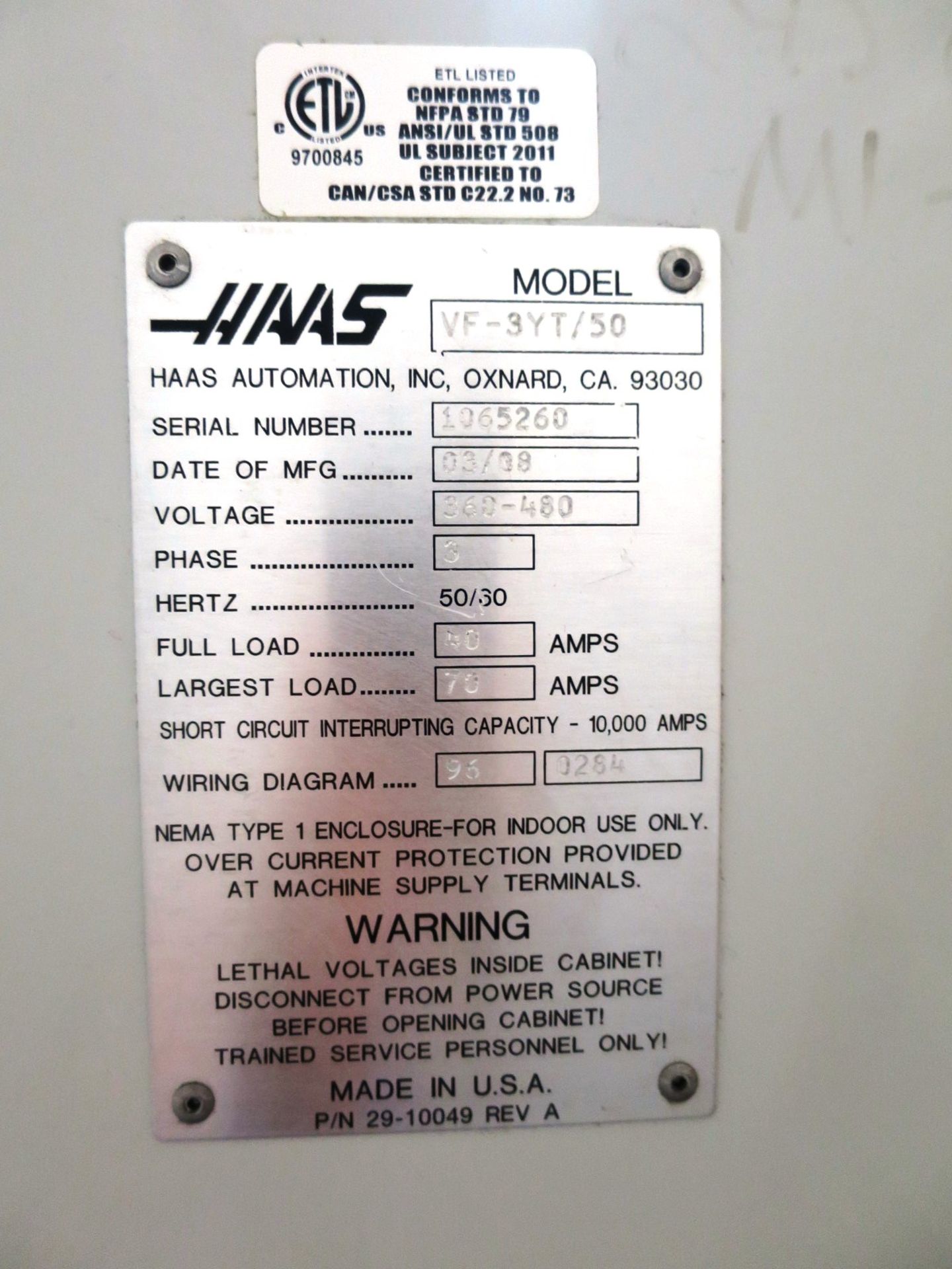 Haas Model VF-3YT/50 CNC Vertical Machining Center, S/N 1065260, New 2008 - Image 9 of 11
