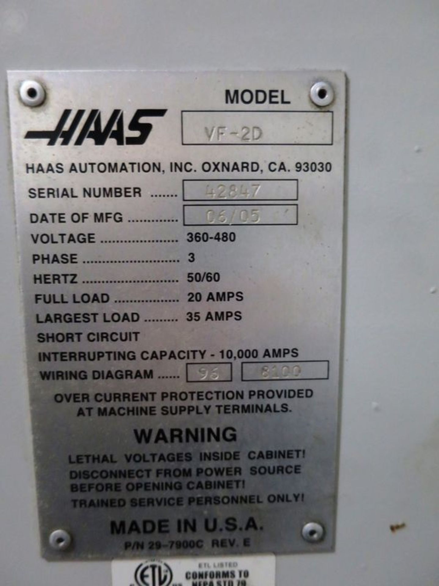 Haas Model VF-2D CNC Machining Center, S/N 42847, New 2005 - Image 10 of 12