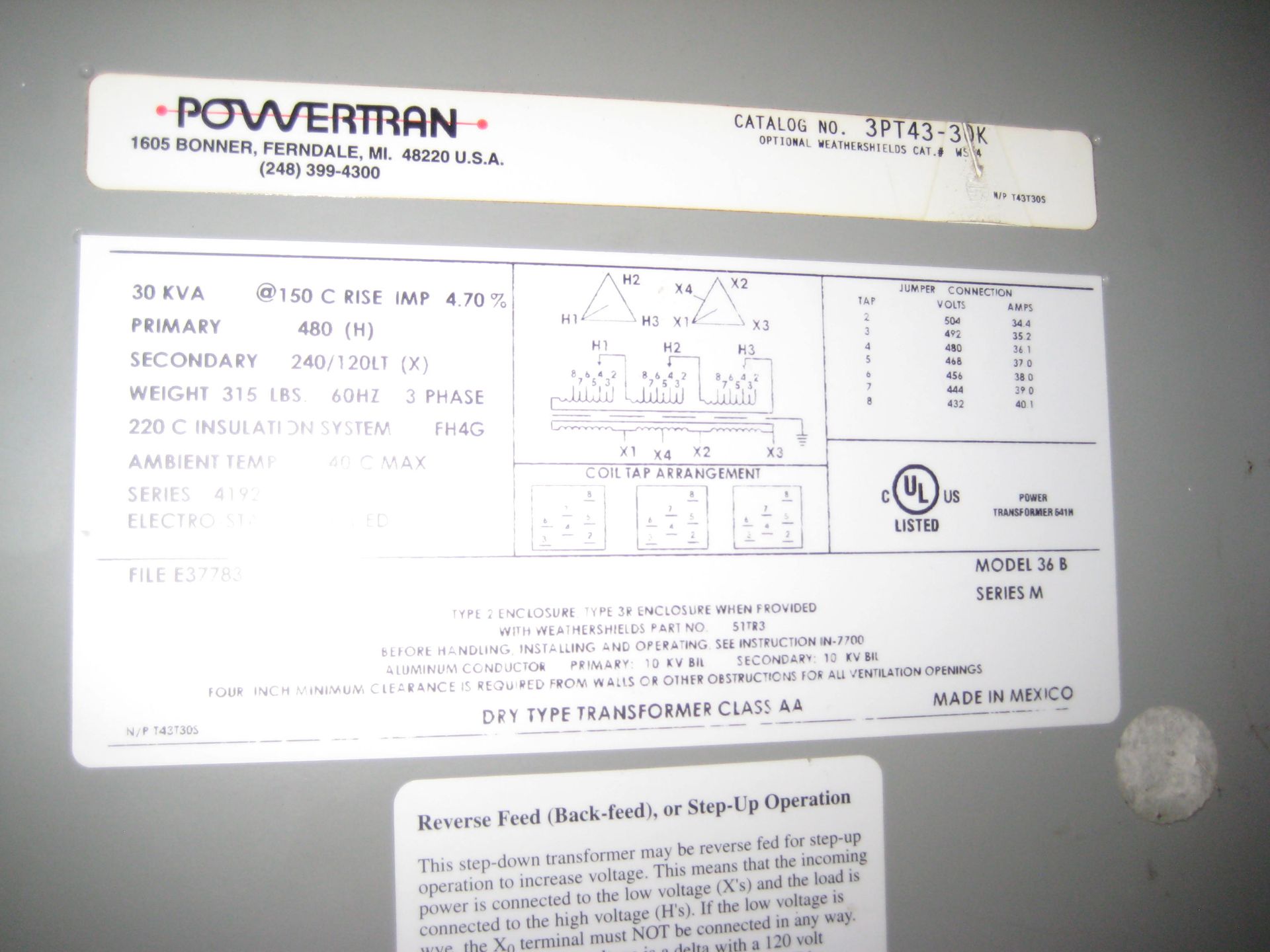 Transformer Primary 480, Secondary 240/120 30 KVA - Image 2 of 2