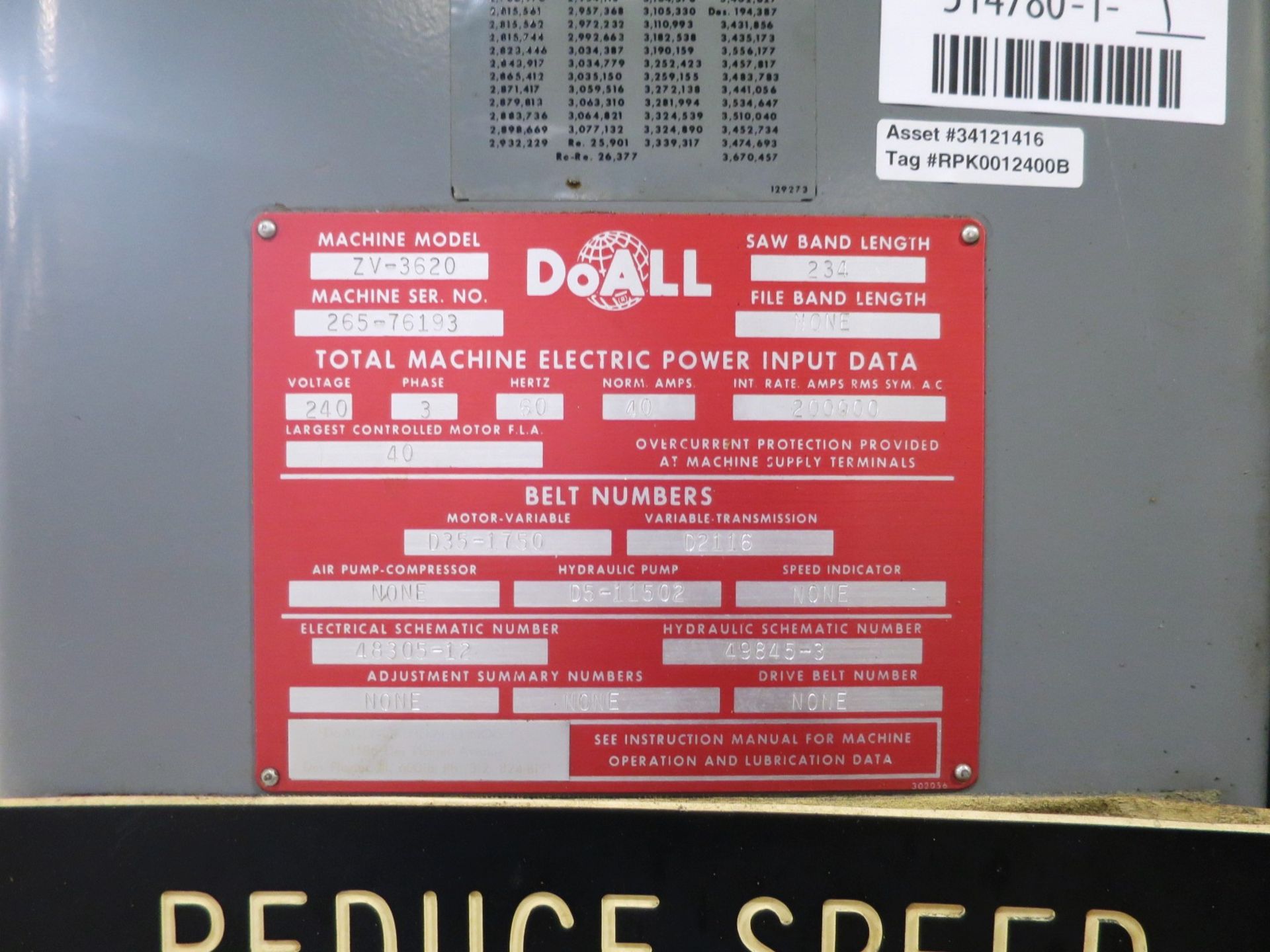 DOALL ZV-3620 VERTICAL CONTOUR BAND SAW, S/N 265-76193 - Image 2 of 6