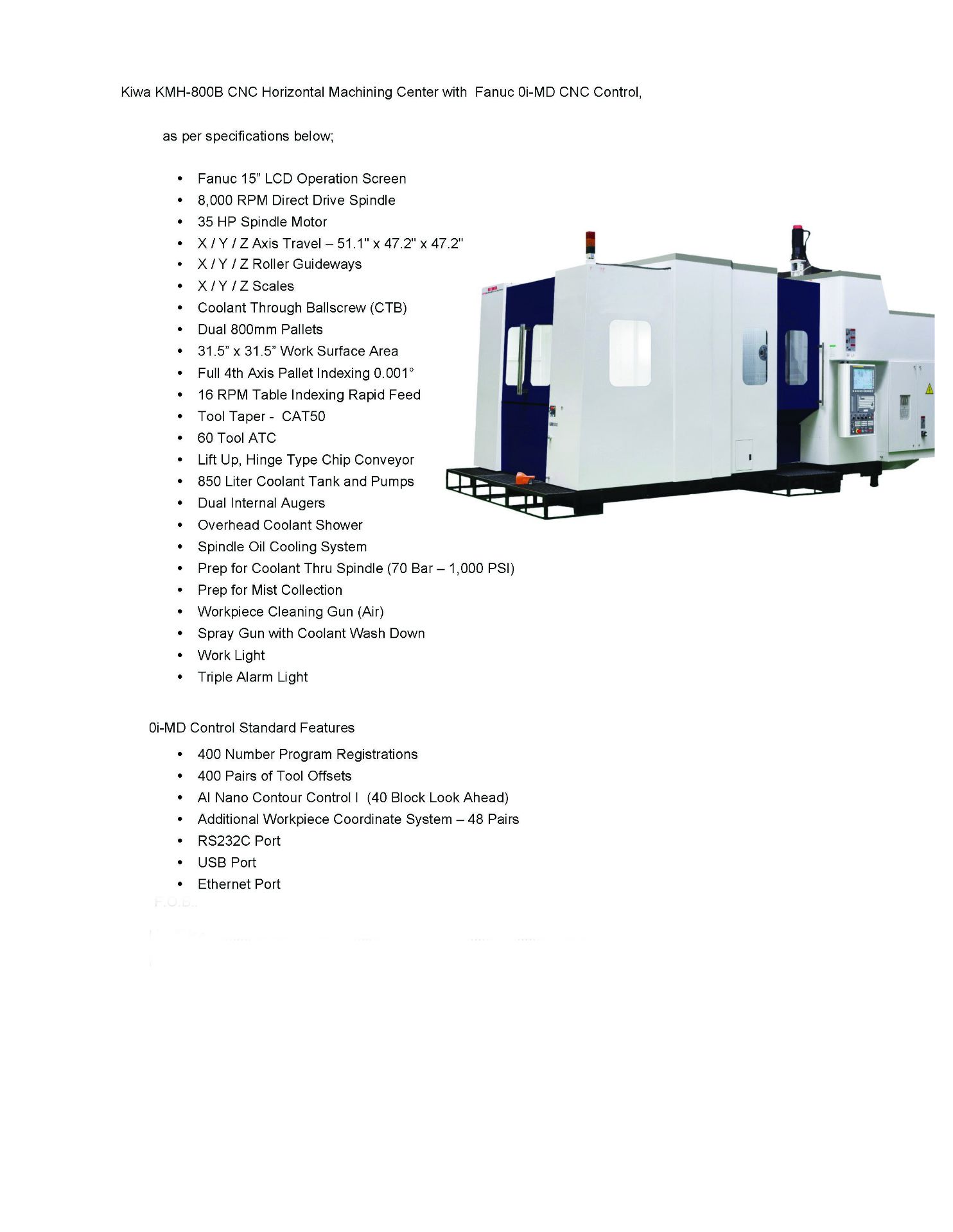 KIWA KMH800B 4-Axis CNC Horizontal Machining Center, Never Used, Still In Crate - Image 7 of 12