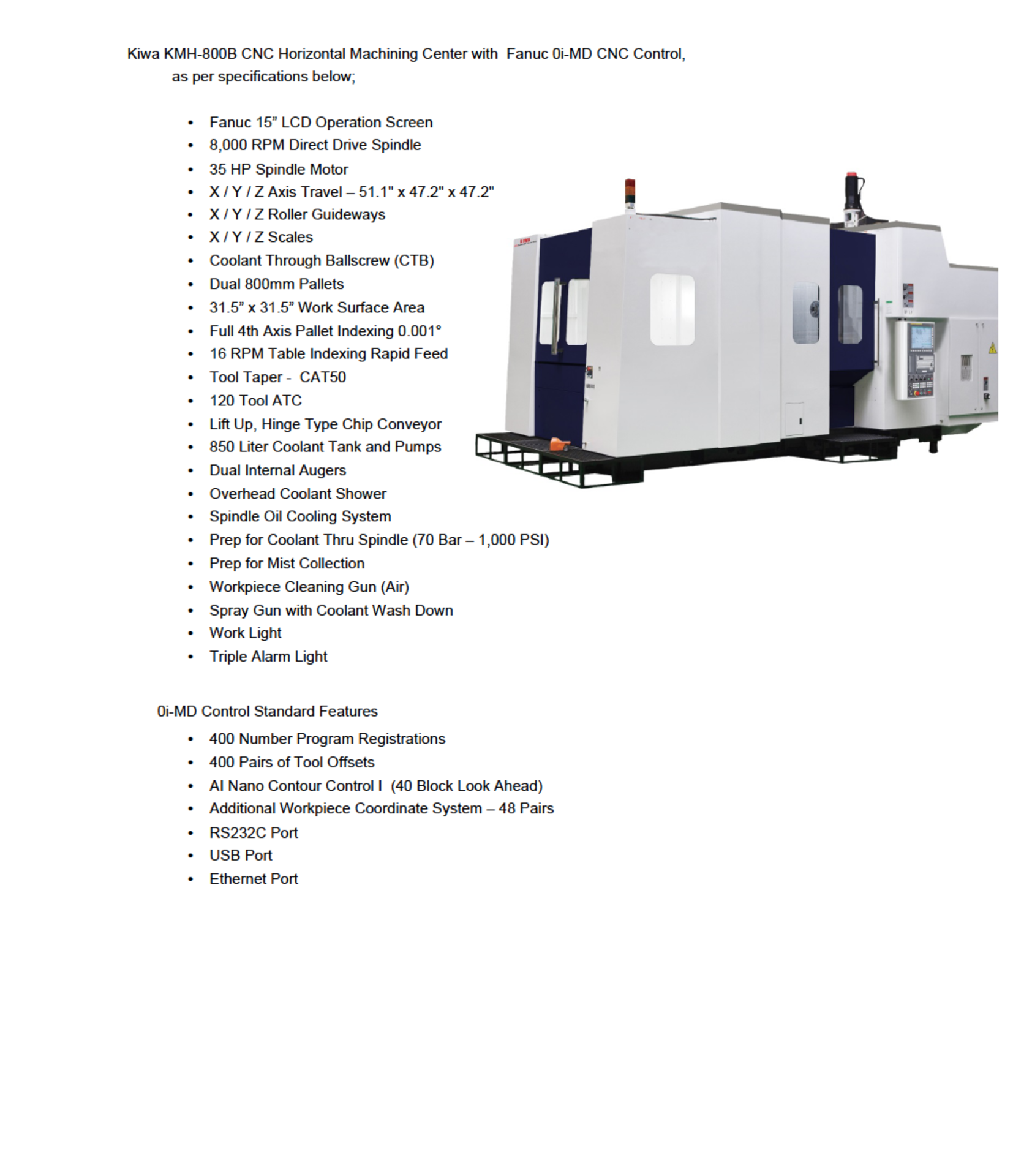 KIWA KMH800B 4-Axis CNC Horizontal Machining Center, Never Used, Still In Crate - Image 7 of 12