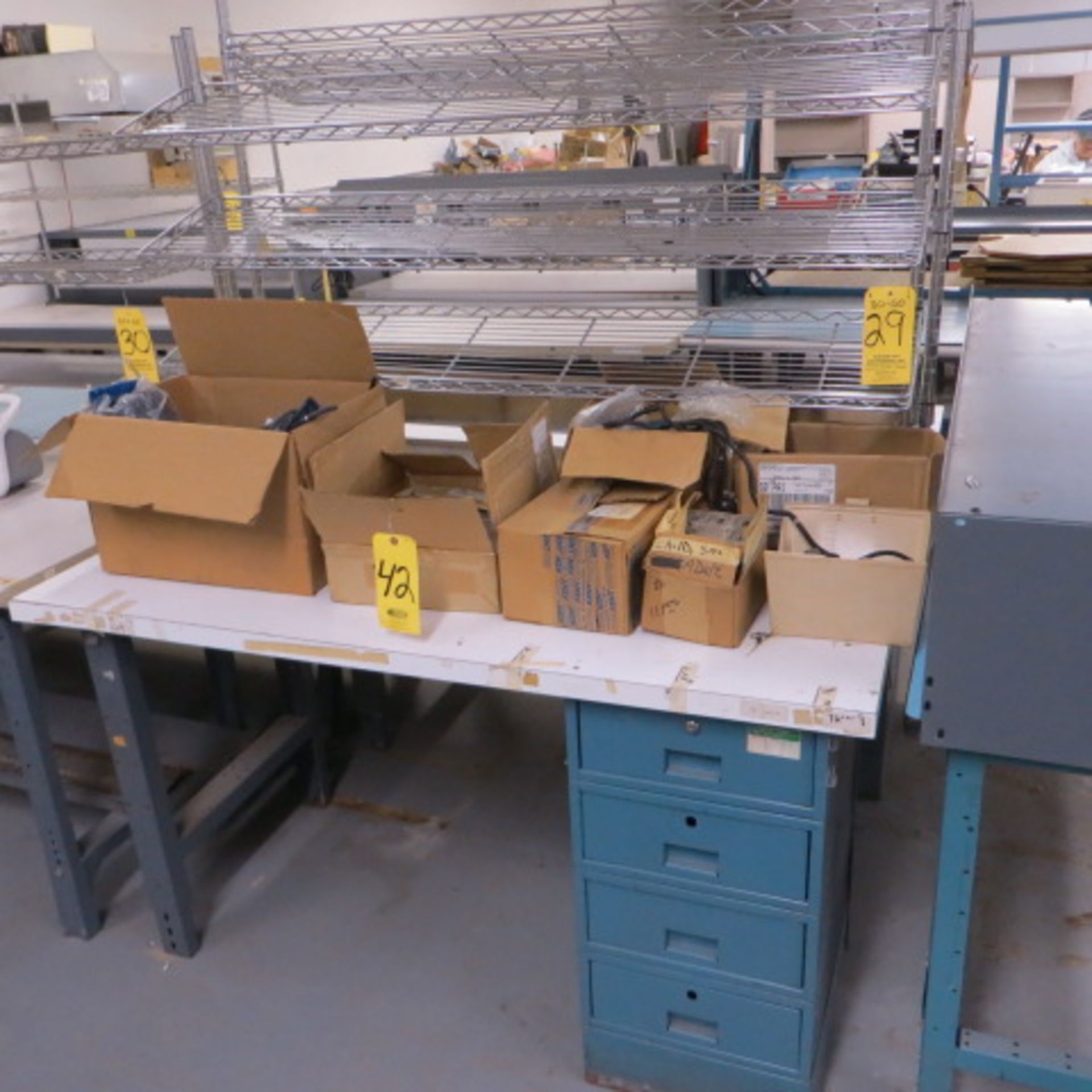 30X60 ELECTRONIC ASSEMBLY WORK BENCH, PEDESTAL CABINET, O/H DBL WIRE SHELF